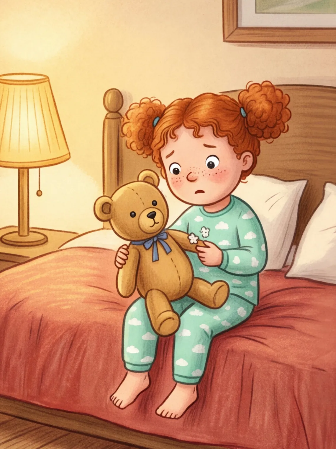 Frieda sitzt auf dem Bett und sieht, wie Watte aus dem Arm ihres Teddys rieselt
