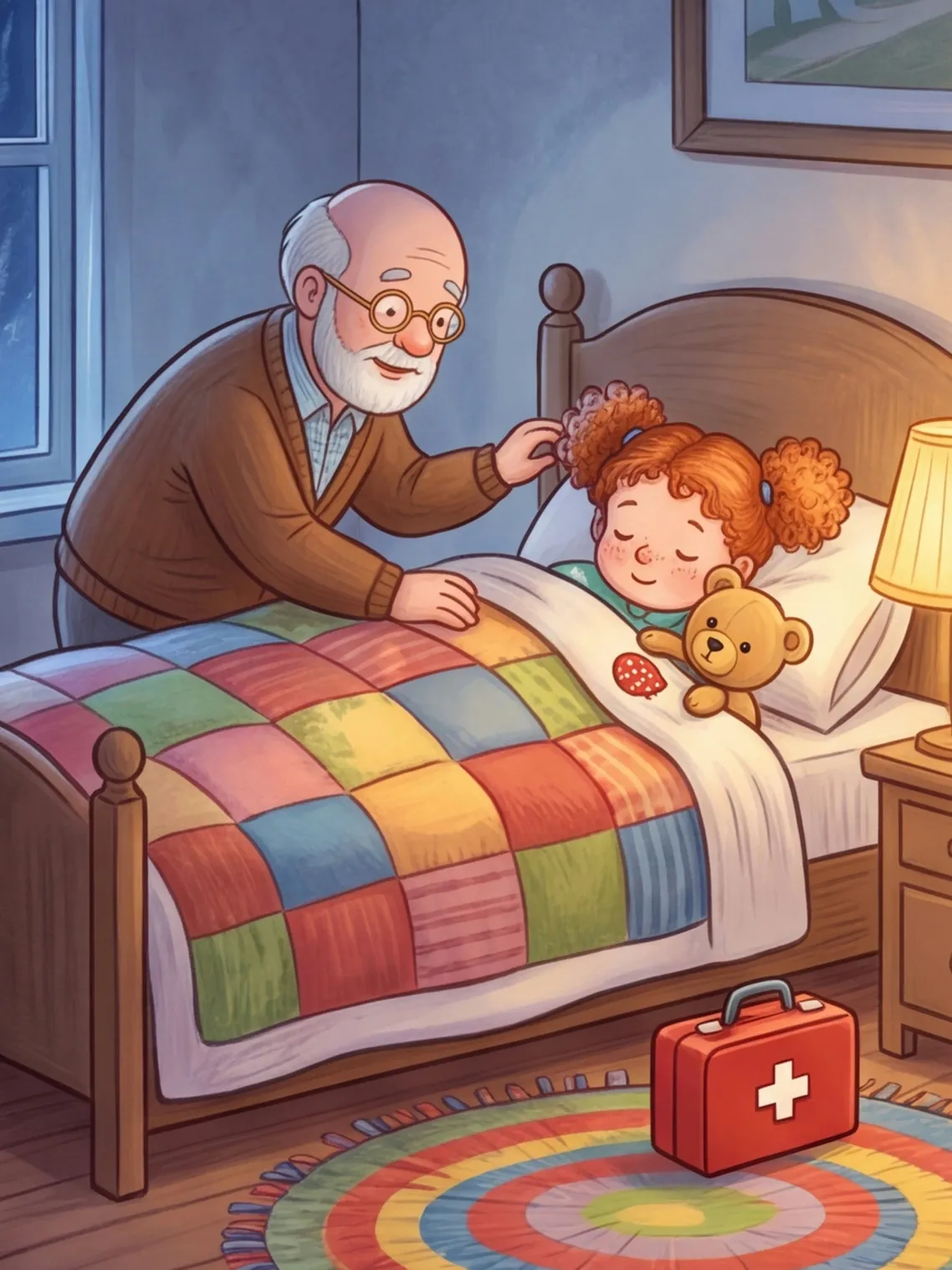 Opa deckt Frieda und Bommel zu und macht das Licht aus