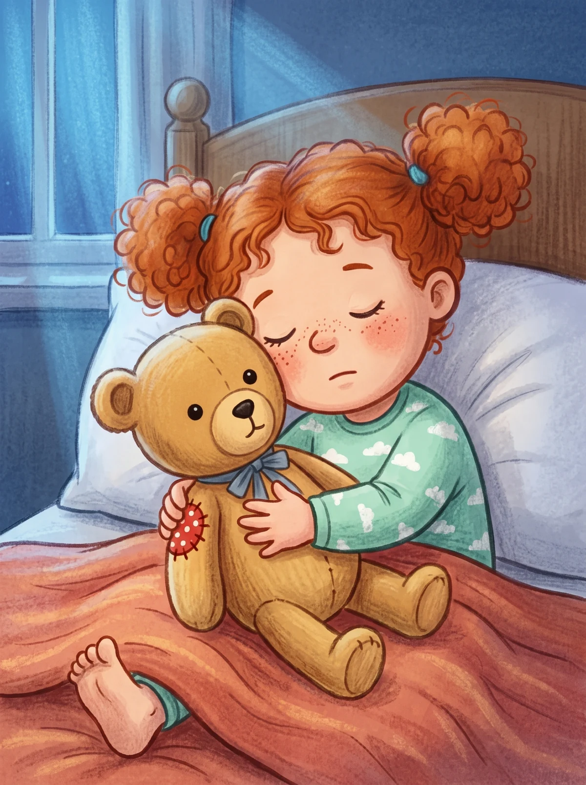 Frieda liegt im Mondlicht Arm in Arm mit Bommel