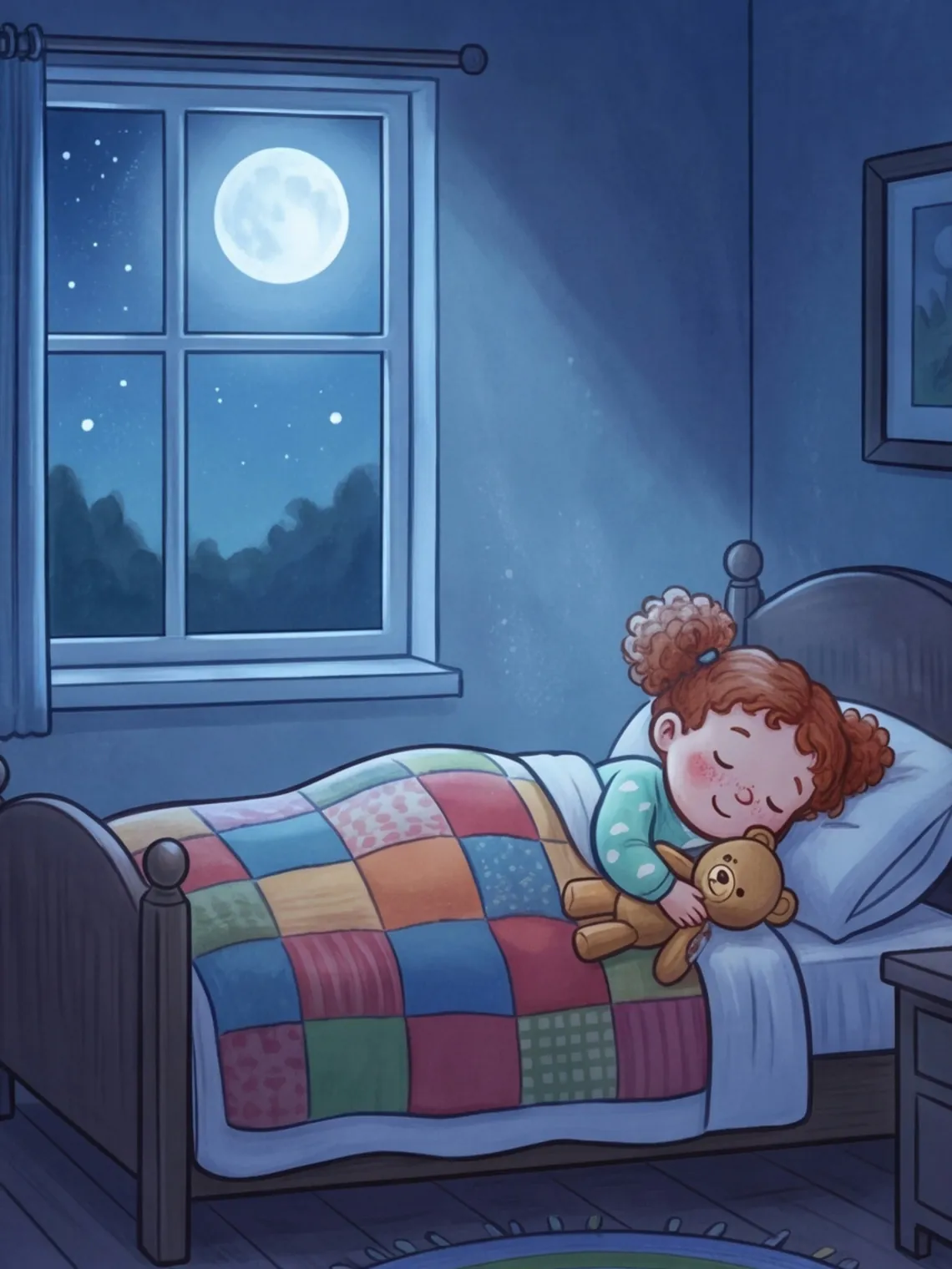 Frieda schläft mit ihrem Teddy im Arm, draußen scheint der Mond