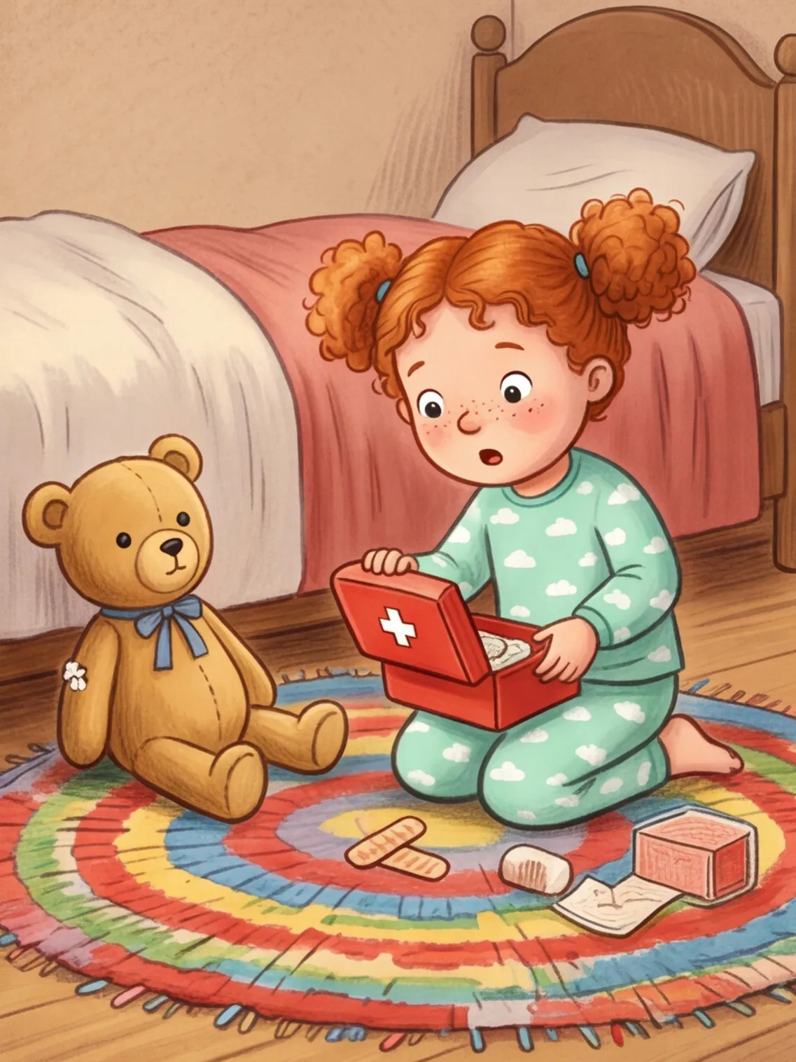 Frieda öffnet ihren roten Spielzeug-Doktorkoffer, Teddy Bommel sitzt daneben