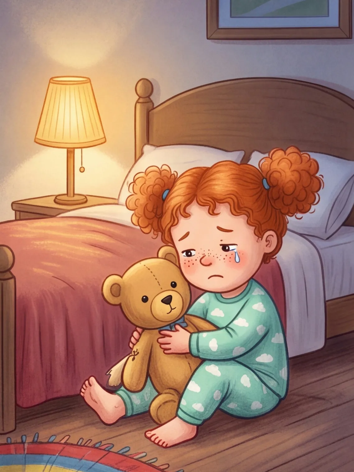 Frieda sitzt auf dem Boden und drückt ihren schlappen Teddy, eine Träne auf der Wange