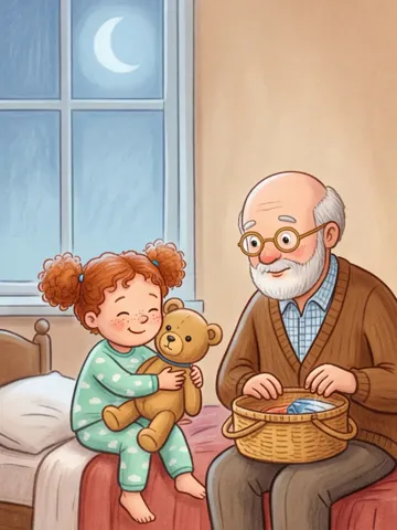Ein Mädchen mit roten Locken drückt seinen Teddy an sich, daneben hält Opa einen Nähkorb