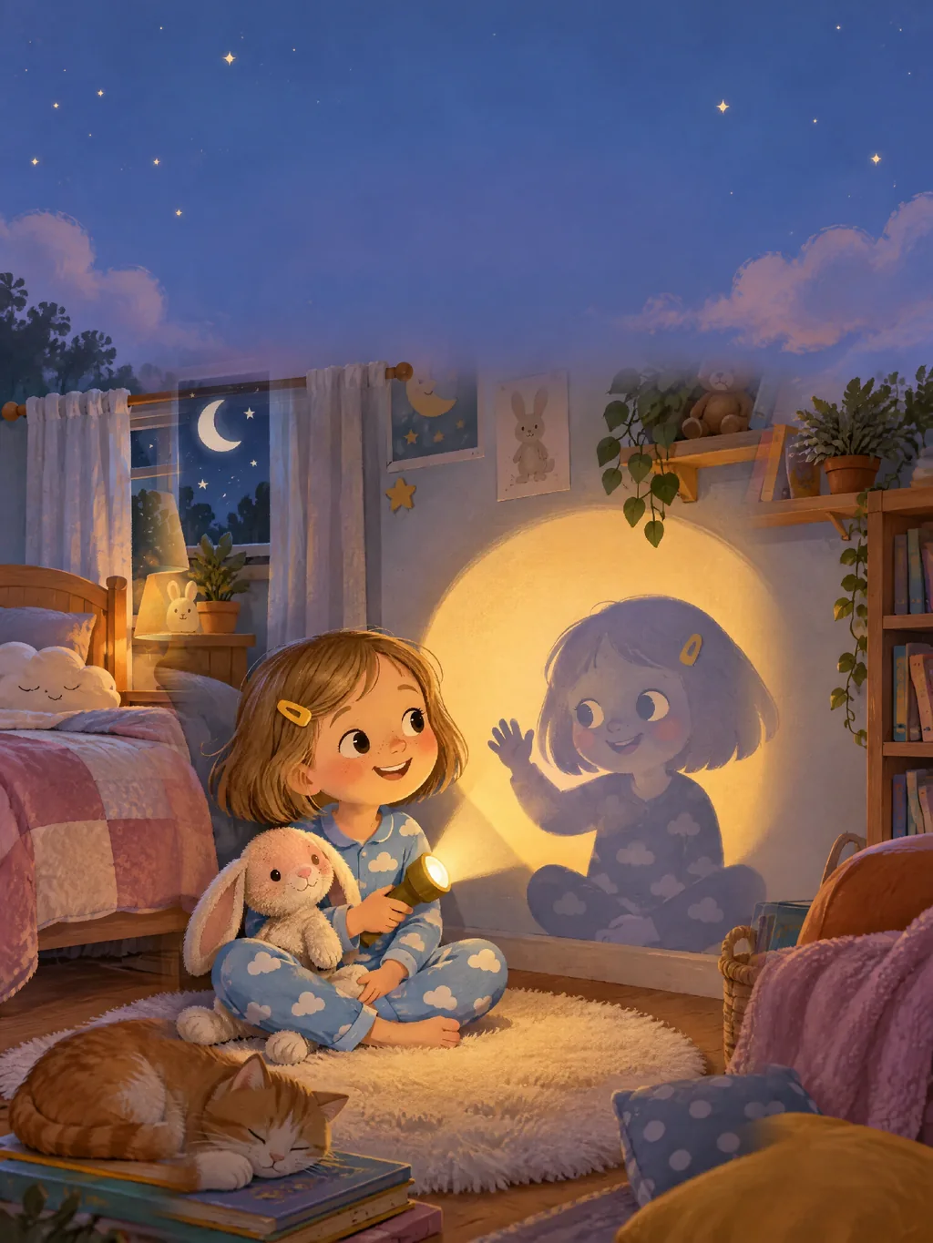 Tilda im Wolkenschlafanzug sitzt mit Taschenlampe und Kuschelhase im Kinderzimmer, an der Wand winkt ihr freundlicher blauer Schatten