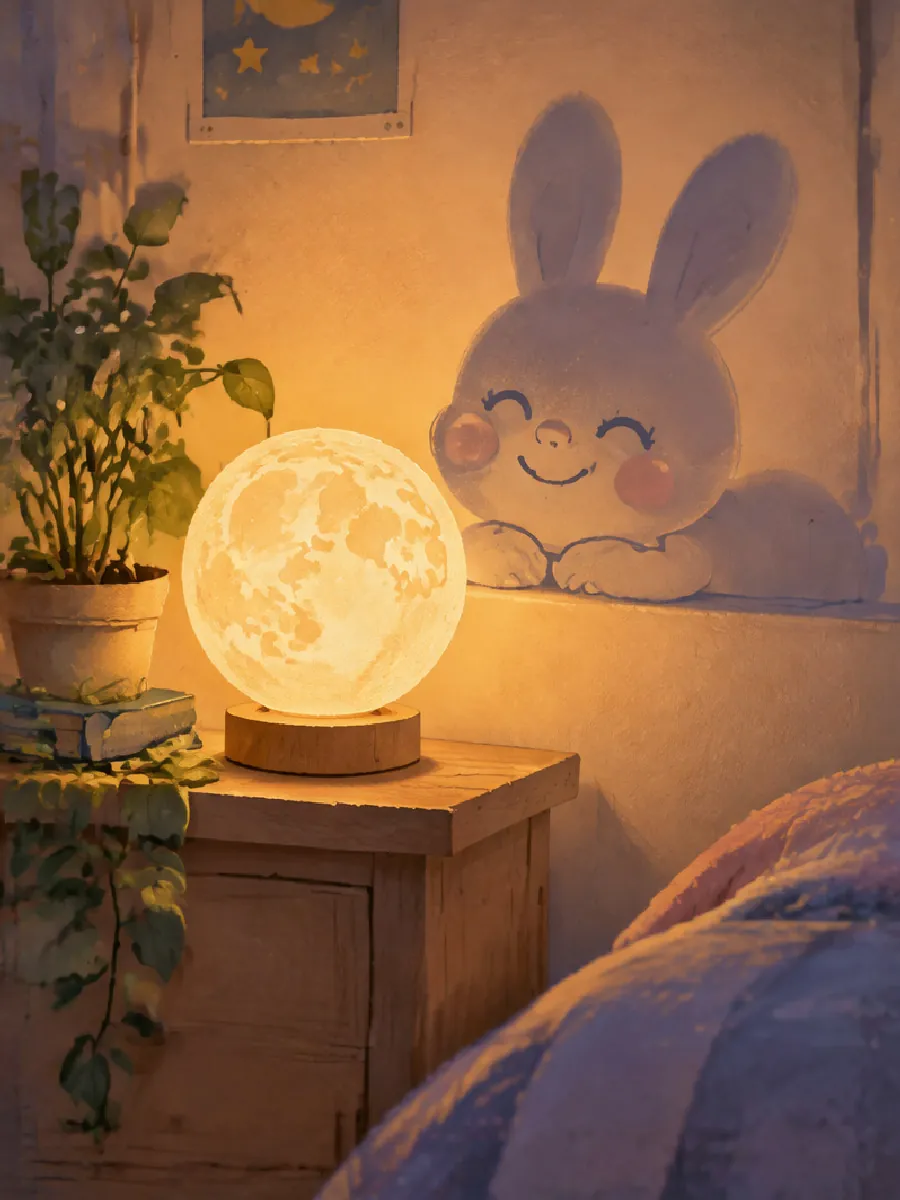 Ein leuchtendes Papiermond-Nachtlicht, daneben ein kleiner lächelnder Schattenhase an der Wand