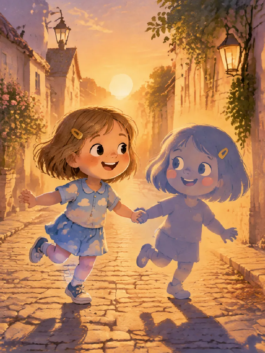 Tilda hüpft im Abendlicht über eine Straße, neben ihr hüpft lachend ihr blauer Schatten