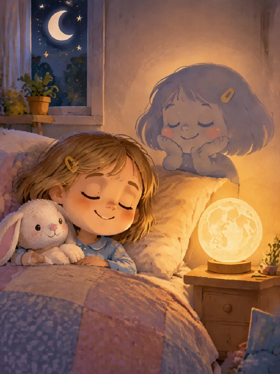 Tilda liegt neben einem runden Papiermond-Nachtlicht im Bett, ihr Schatten ruht schläfrig an der Wand