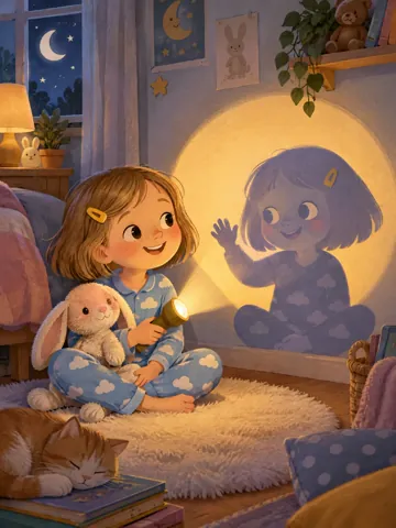 Tilda im Wolkenschlafanzug sitzt mit Taschenlampe und Kuschelhase im Kinderzimmer, an der Wand winkt ihr freundlicher blauer Schatten