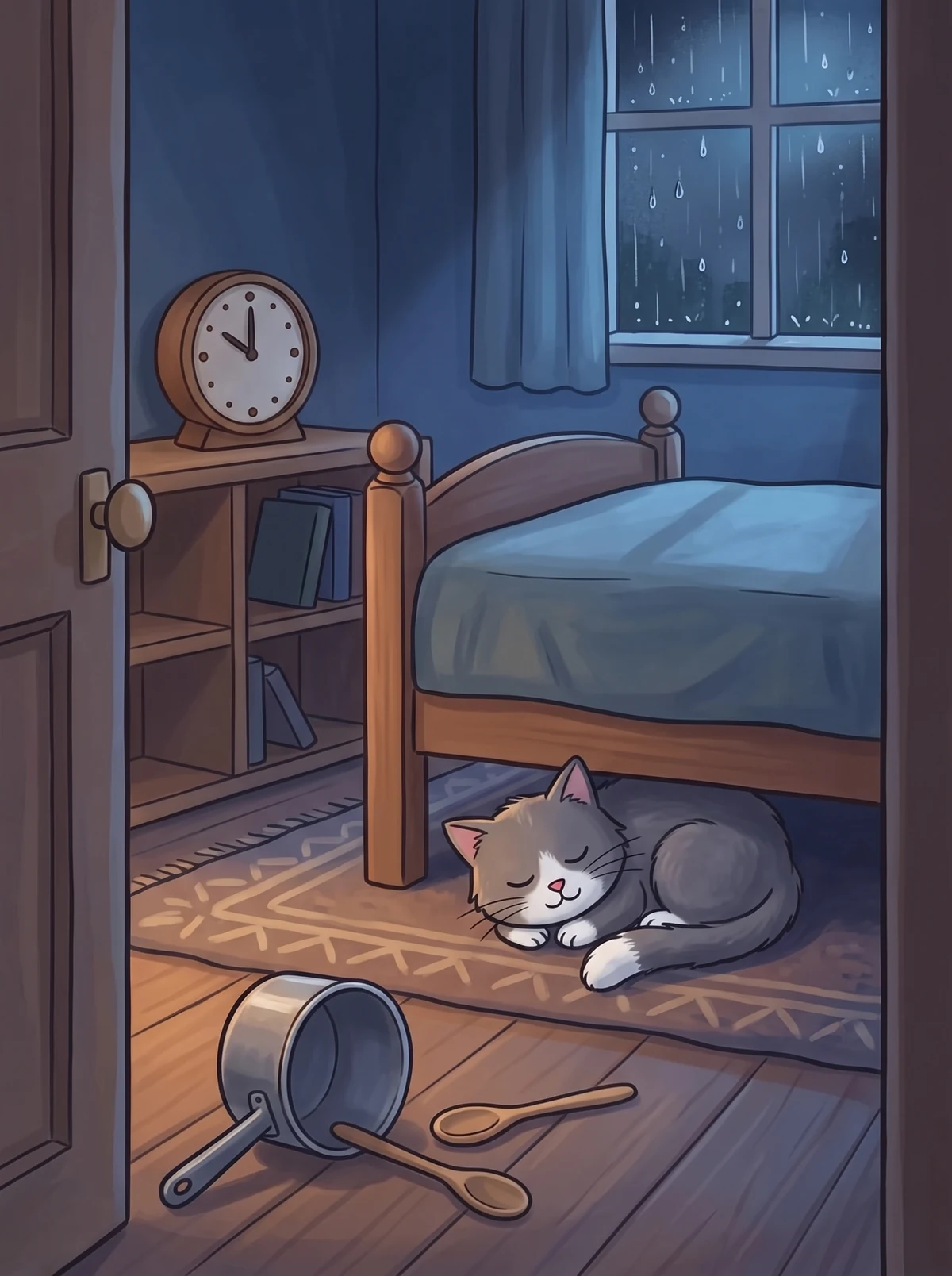 Regen am Fenster, die Uhr im Regal, Kater Fussel schläft halb unter dem Bett