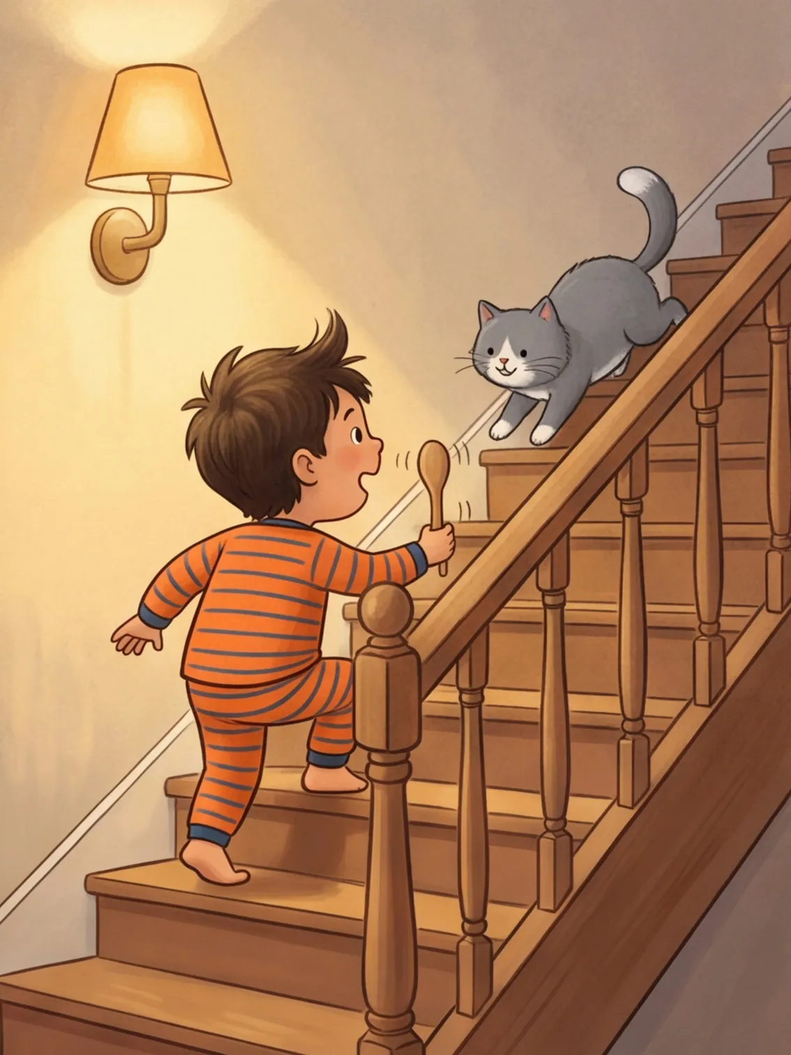 Leo trommelt die Treppe hinauf, Kater Fussel flitzt voraus