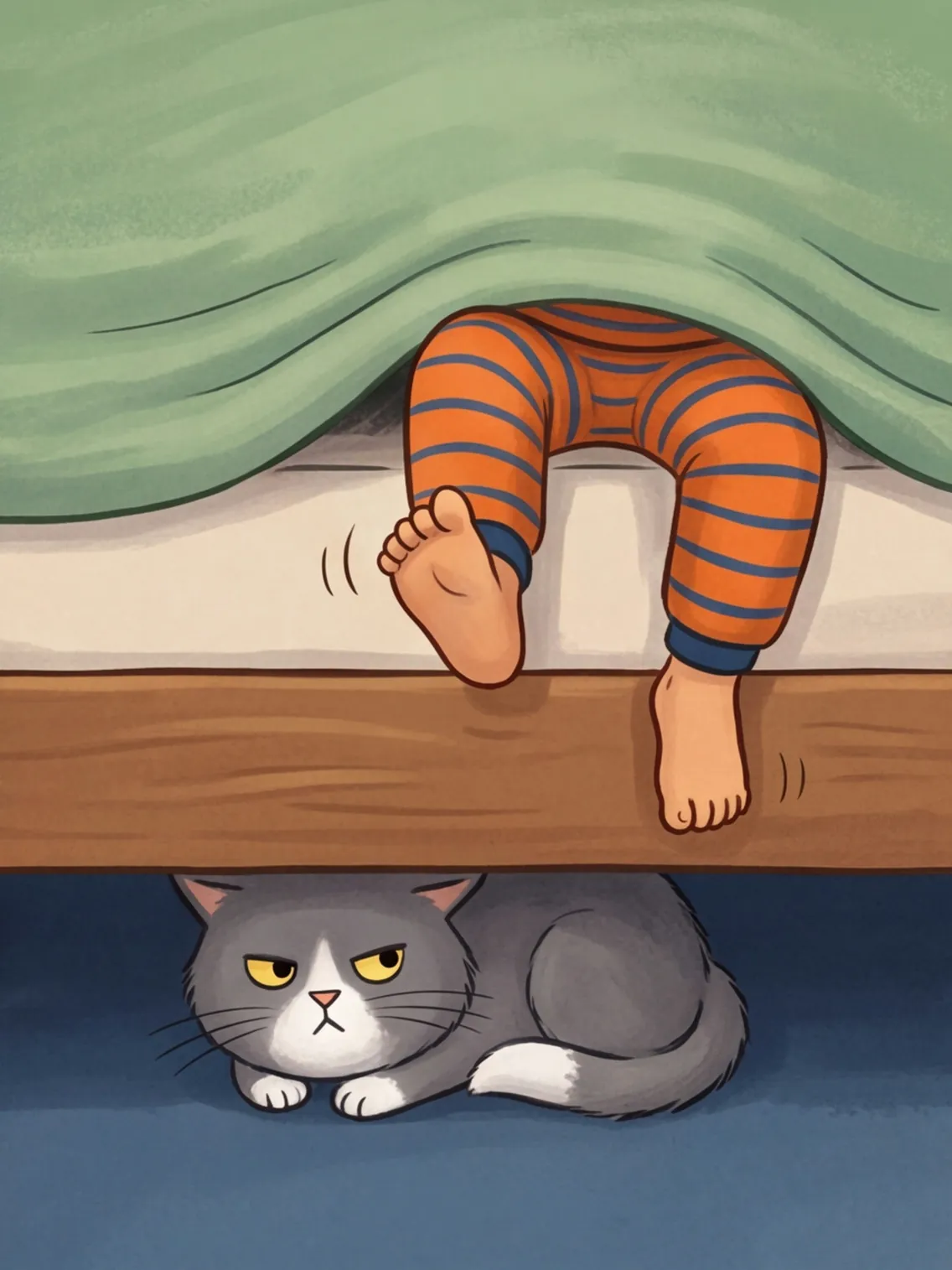 Kater Fussel guckt beleidigt unter dem Bett hervor, oben baumeln Leos Füße