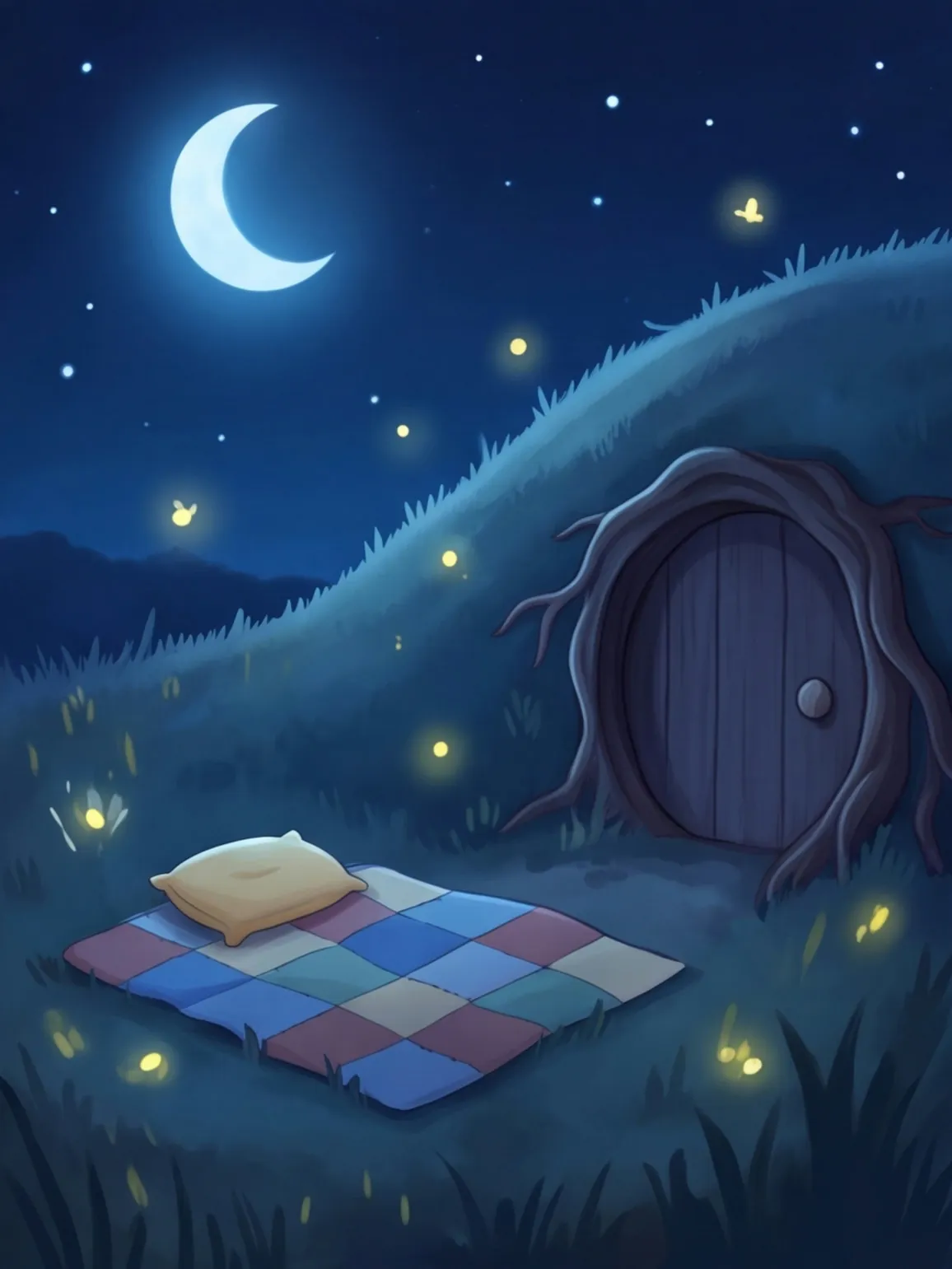 Der Wiesenhügel mit der runden Tür bei Nacht, davor Decke und Kissen im Gras