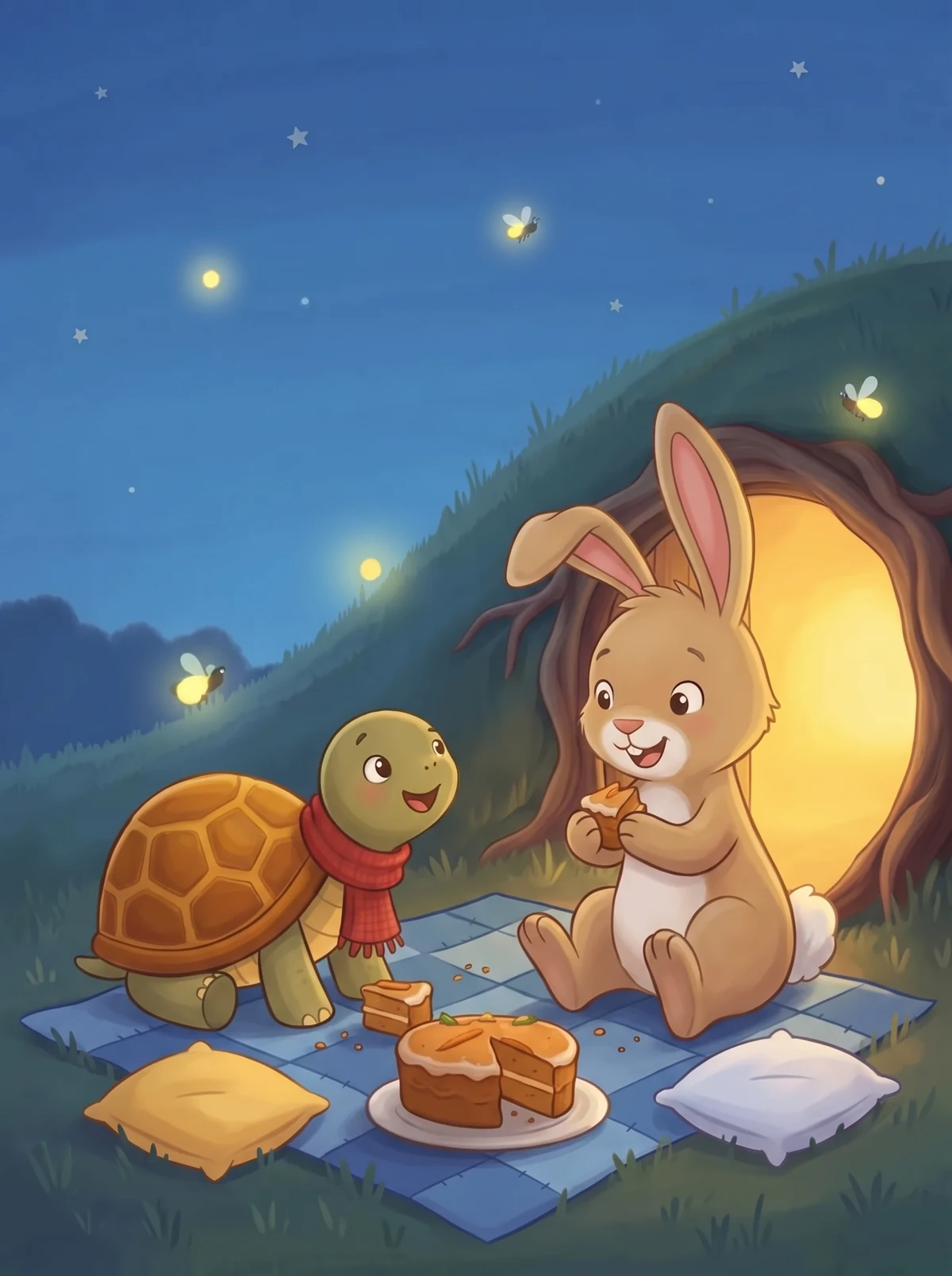 Trudi und Flauschi essen Möhrenkuchen auf der Decke, drei Glühwürmchen leuchten