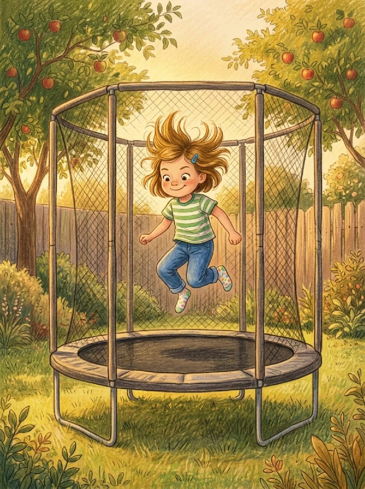 Carla hüpft im Garten hoch auf dem Trampolin