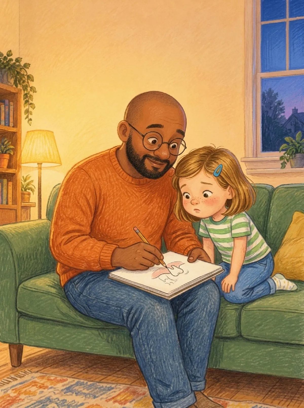 Papa zeichnet auf dem Sofa einen kleinen Zahn und einen großen darunter, Carla schaut zu