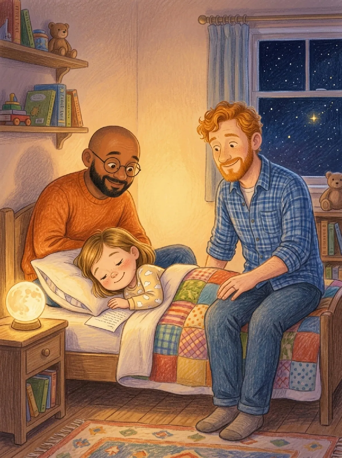 Carla schläft fast ein, Papa und Papi sitzen links und rechts an ihrem Bett