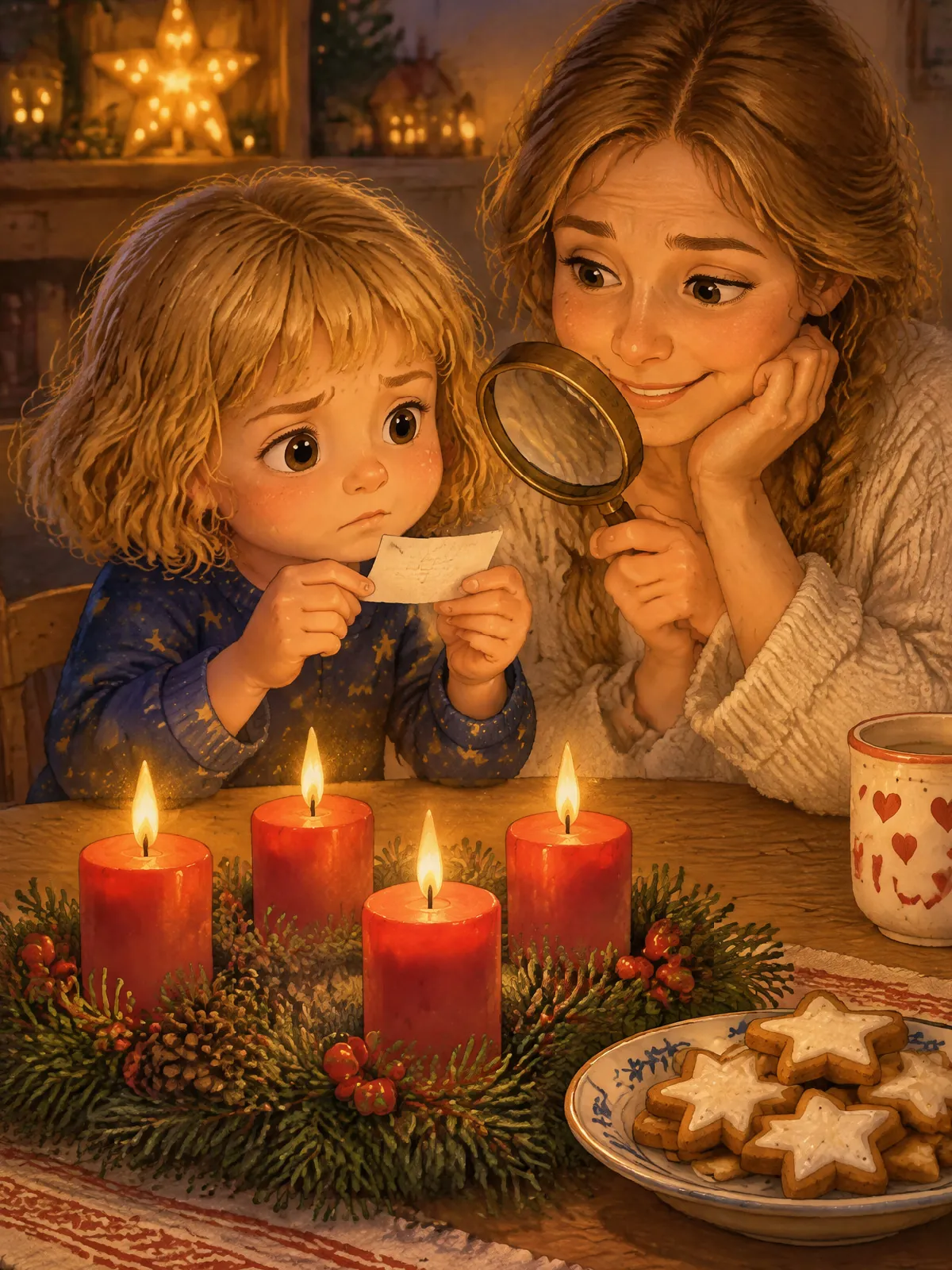 Leni und Mama rätseln am Adventskranz mit Zimtsternen über einen winzigen Zettel