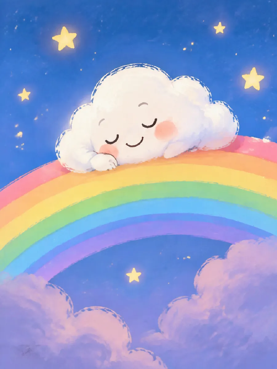 Wolli schläft auf einem zarten Regenbogen zwischen kleinen Sternen