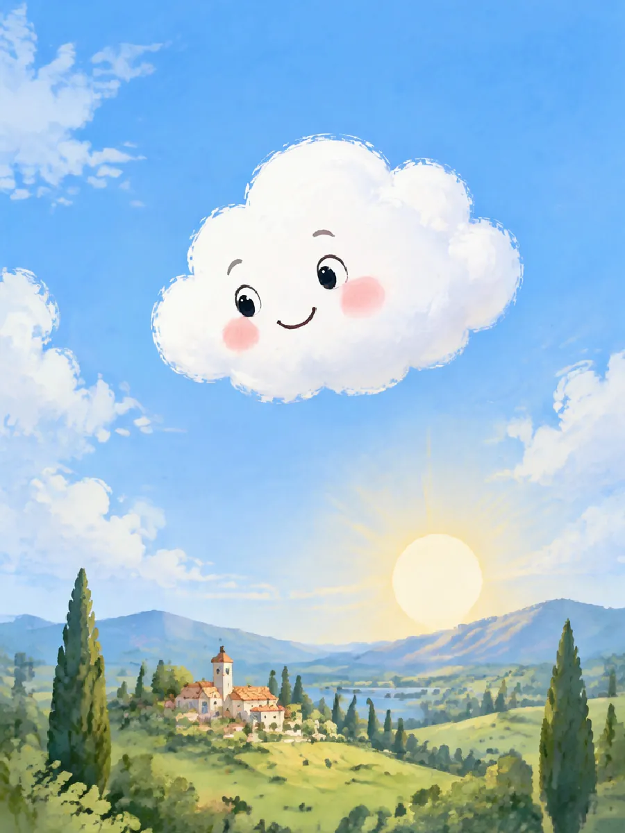 Die kleine runde Wolke Wolli schwebt allein am blauen Himmel über grünen Hügeln