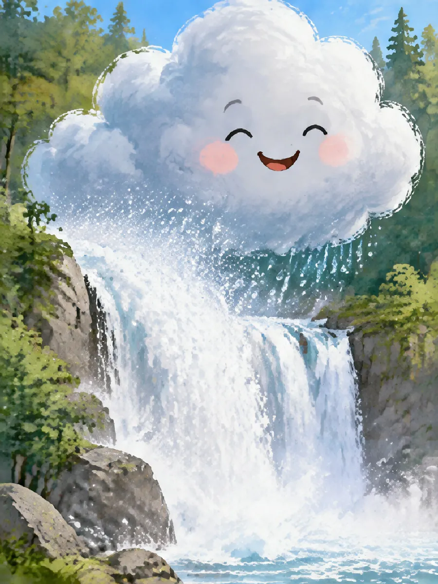 Am Wasserfall saugt Wolli die Gischt auf und wird groß und dunkelblau