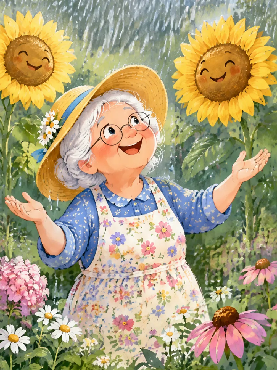 Oma Rosa streckt lachend die Hände in den Regen, die Sonnenblumen stehen wieder aufrecht