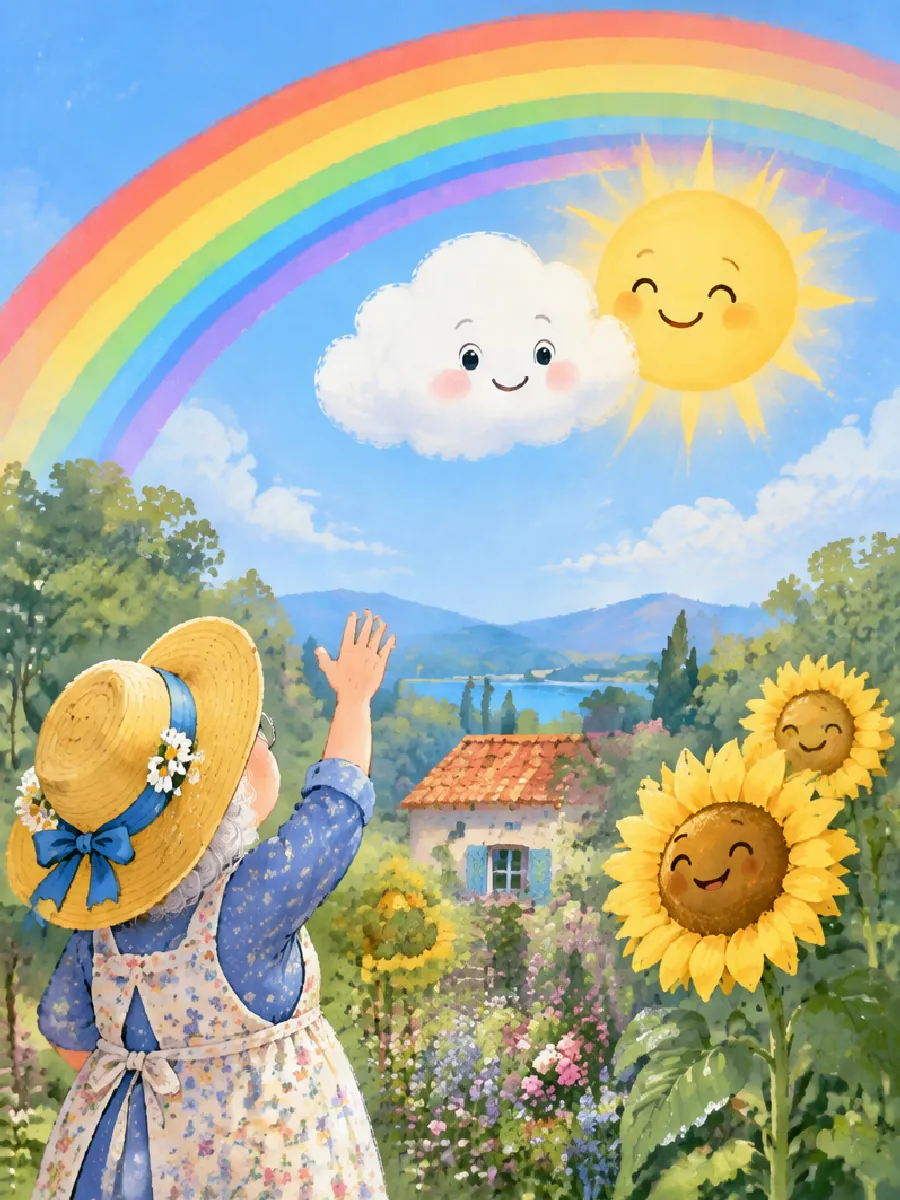 Ein Regenbogen über dem blühenden Garten, Wolli ist wieder klein und weiß, Oma Rosa winkt
