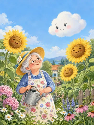 Die kleine Wolke Wolli lächelt auf Oma Rosa mit Sonnenhut und die großen Sonnenblumen im Garten herab