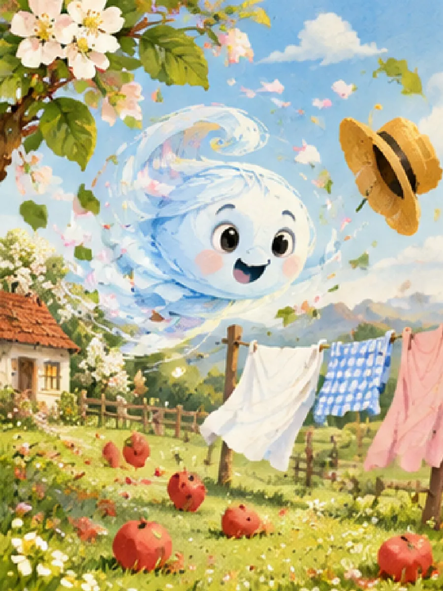Der kleine Wind saust durchs Dorf: Ein Strohhut fliegt davon, die Wäsche tanzt, Äpfel purzeln ins Gras