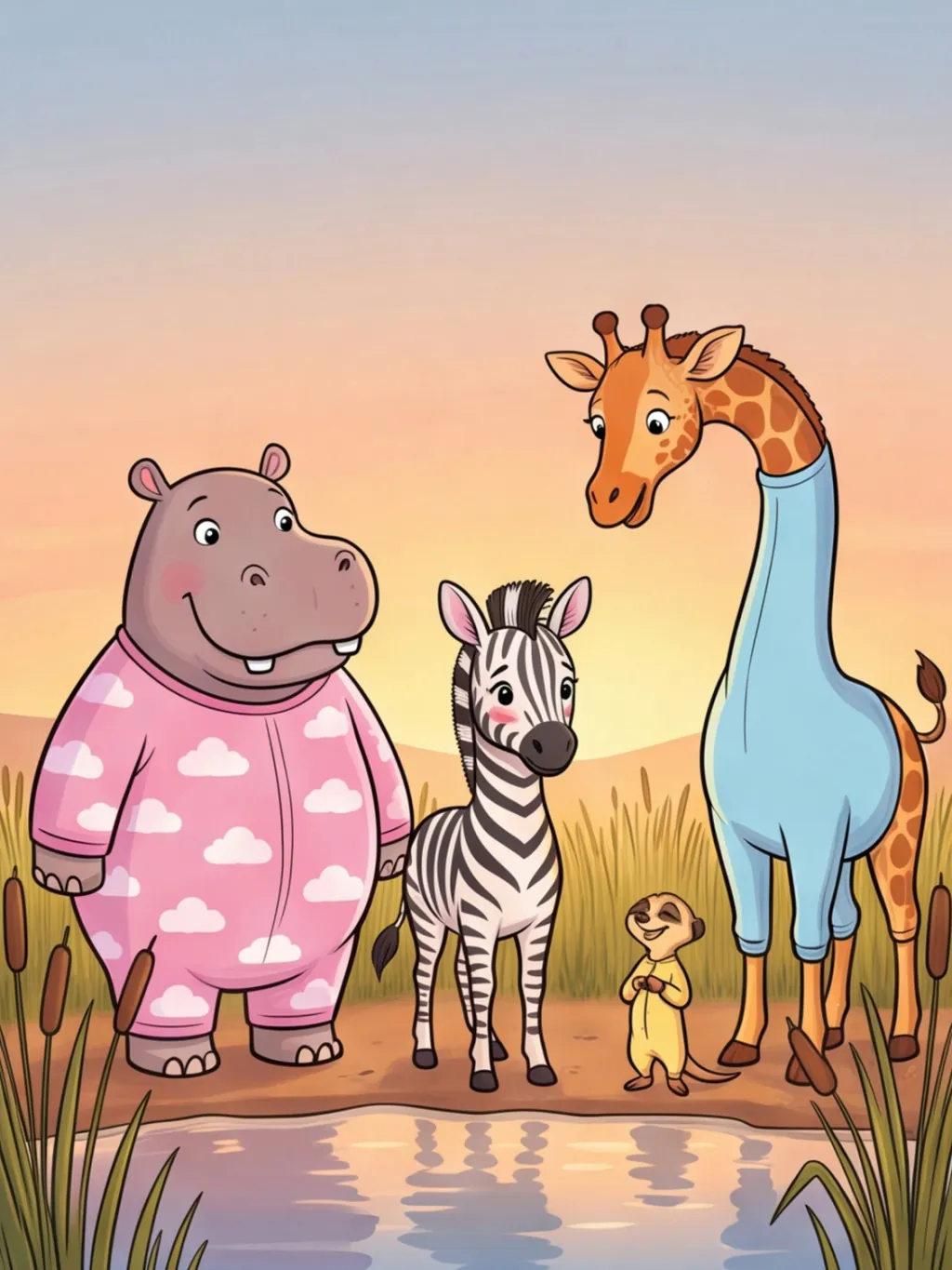 Ein kleines Zebra steht am Wasserloch zwischen Nilpferd, Giraffe und Erdmännchen in Schlafanzügen