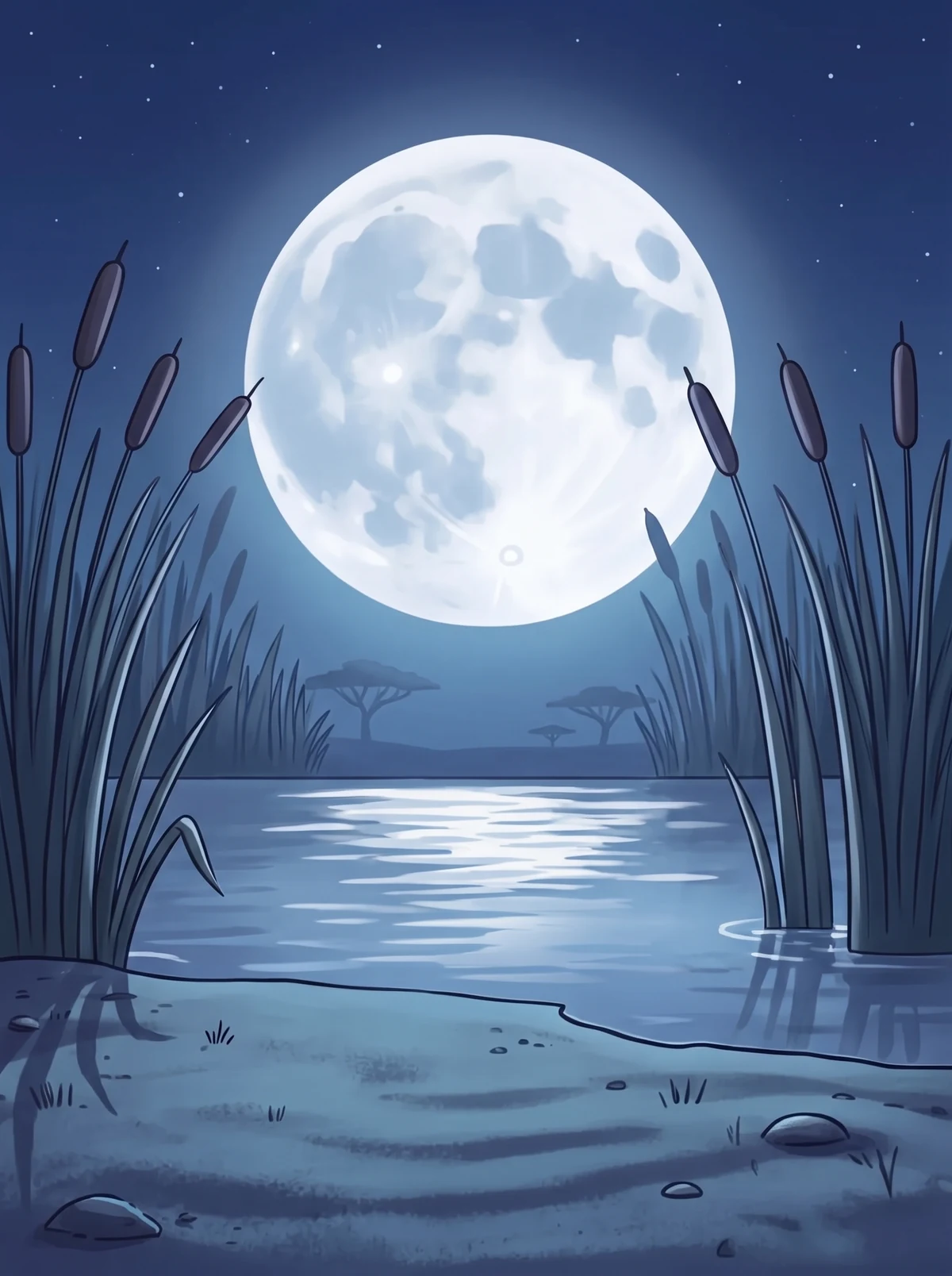 Schilf am nächtlichen Wasserloch, der Mond malt Streifen aufs Wasser