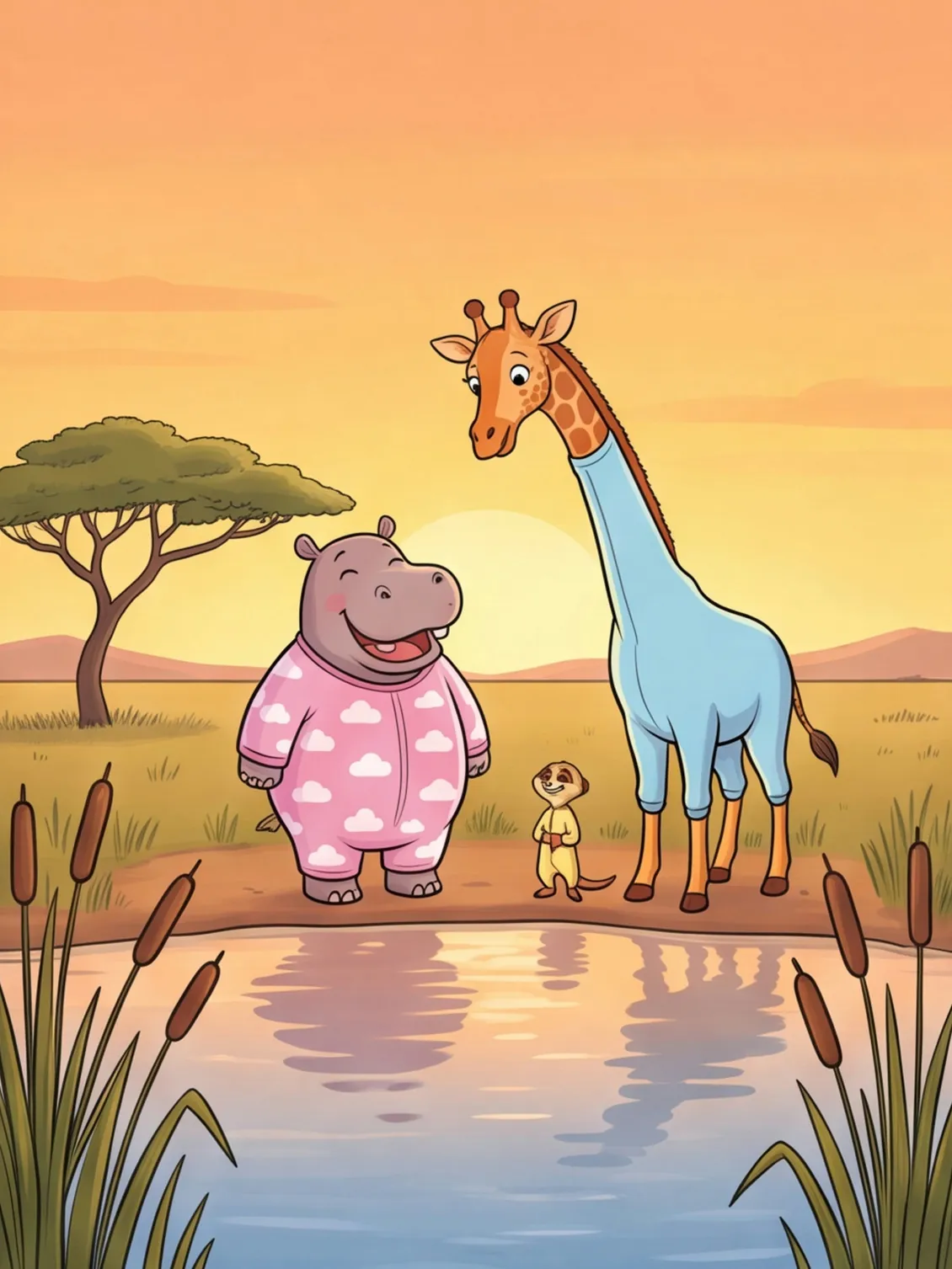 Nilpferd, Giraffe und Erdmännchen stehen in Schlafanzügen am Wasserloch im Sonnenuntergang