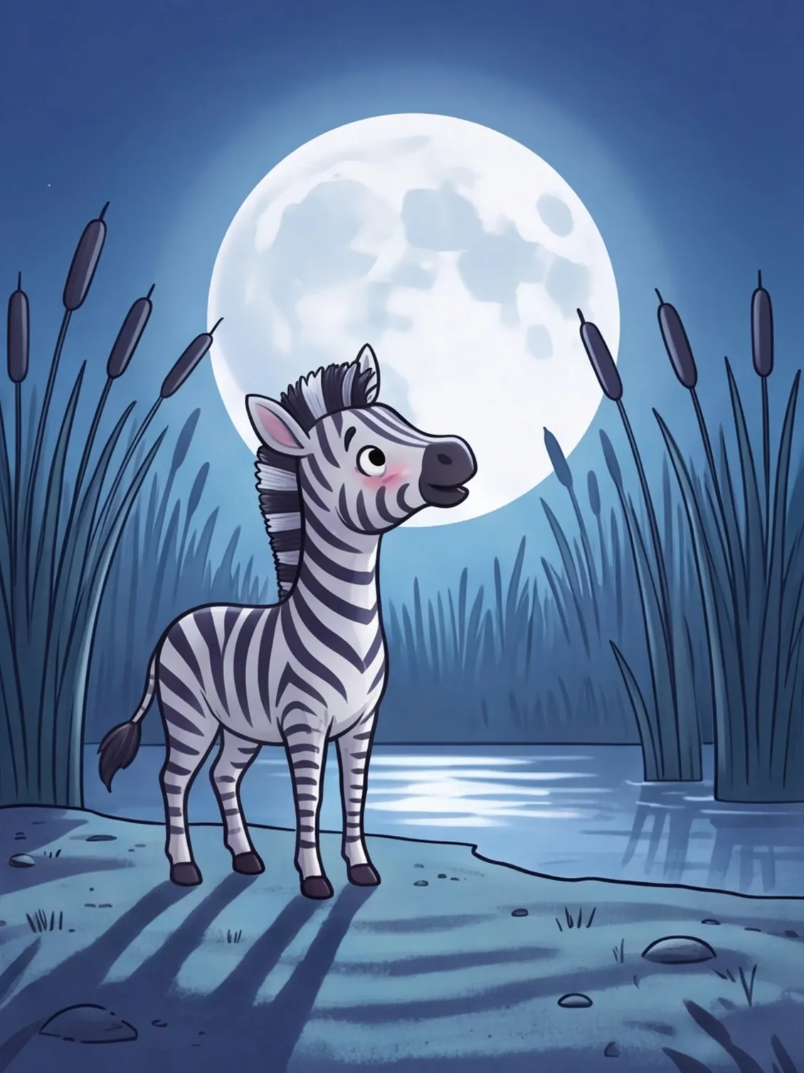 Der Mond scheint durchs Schilf und malt Streifen auf Boden und Wasser