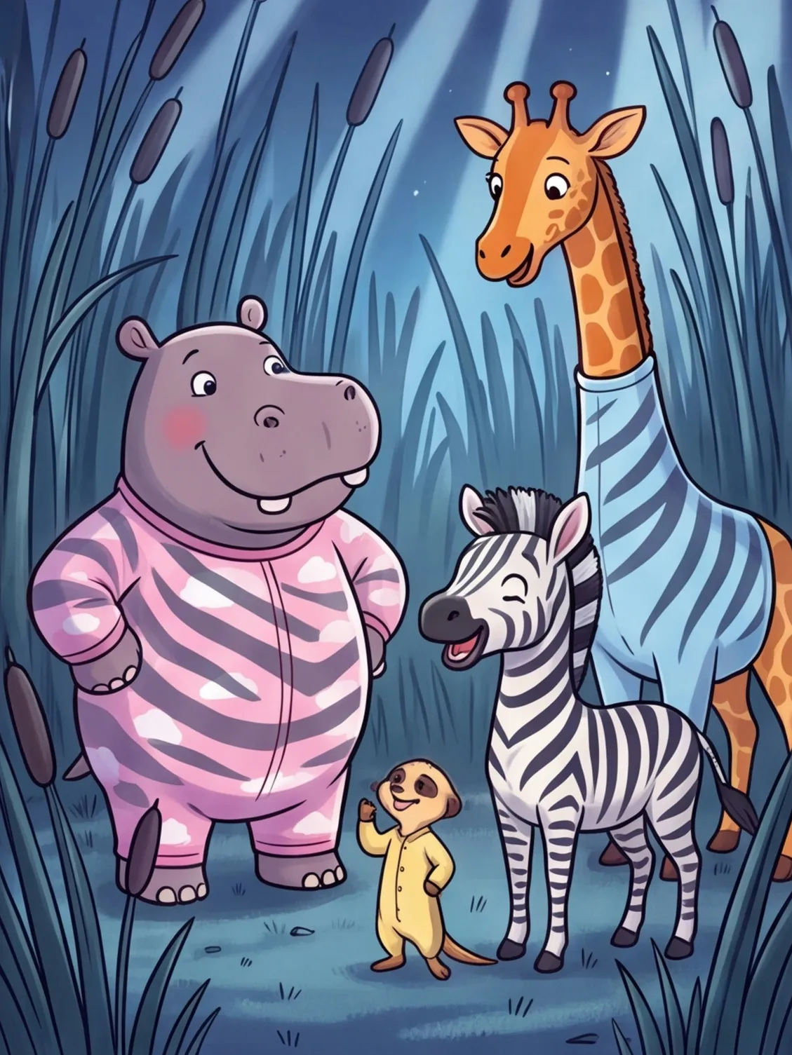 Im Mondlicht haben Nilpferd, Giraffe und Erdmännchen Streifen wie Zebras