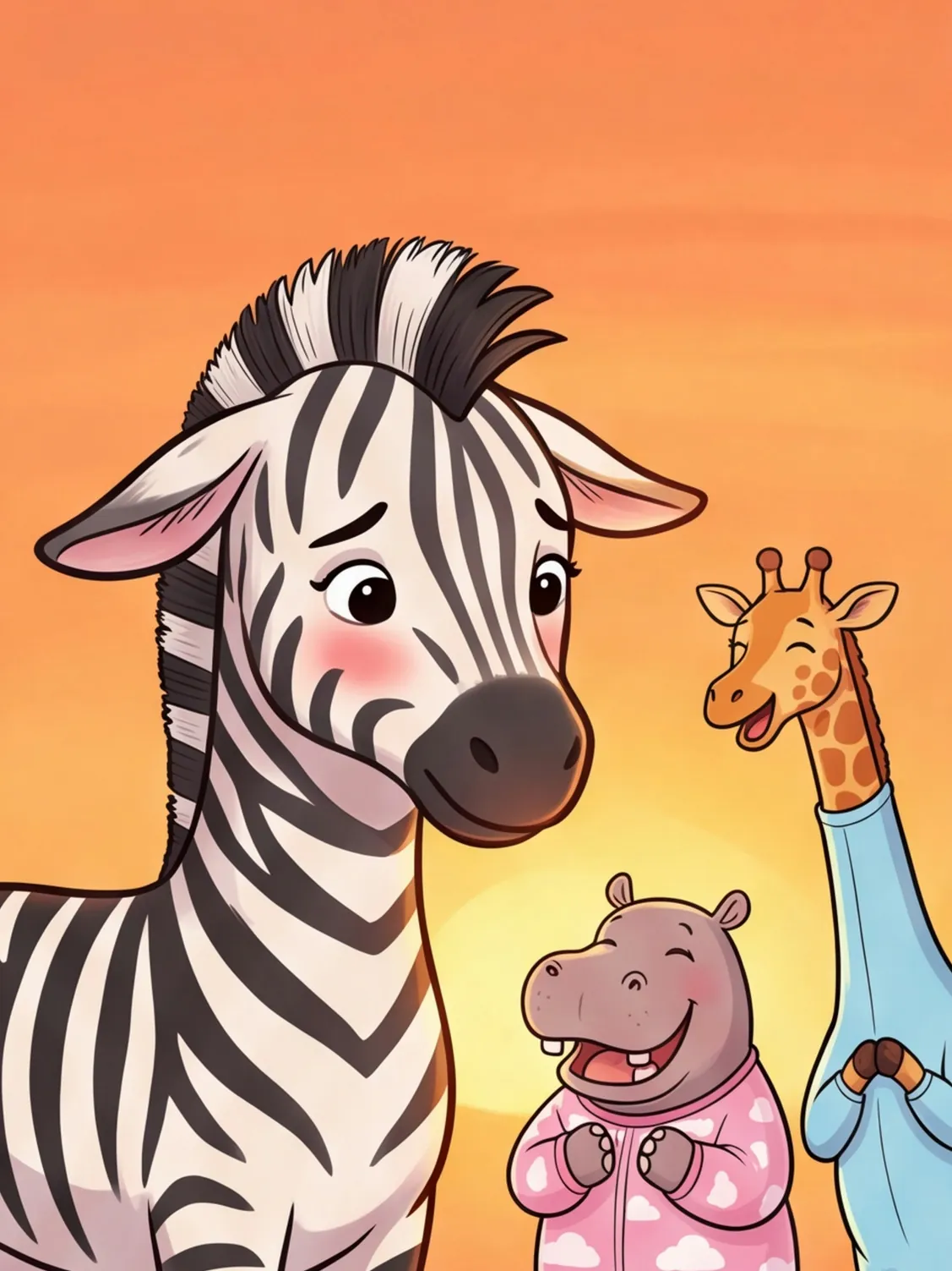Zora lässt die Ohren hängen, hinter ihr lachen Nilpferd und Giraffe