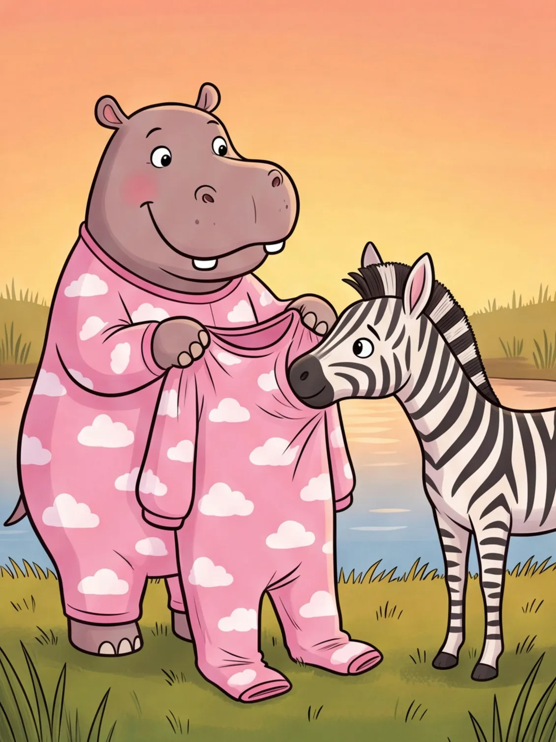 Das Nilpferd reicht Zora einen riesigen rosa Schlafanzug