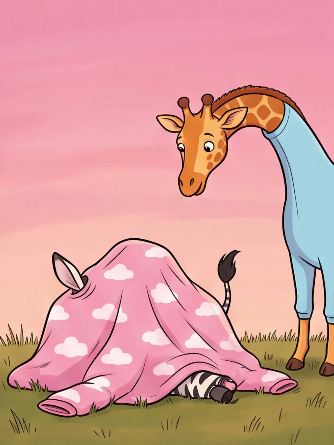 Aus einem rosa Stoffberg gucken nur ein Zebra-Ohr und ein Schwanz heraus