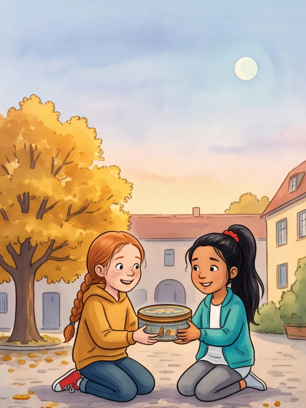 Smilla und Aylin knien unter einer Kastanie und halten zusammen eine alte Blechdose hoch
