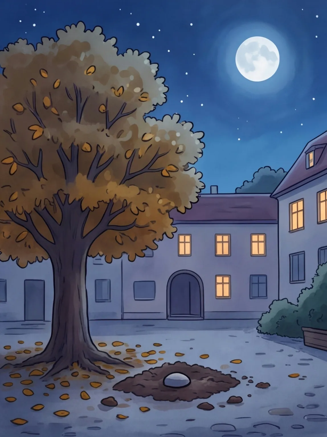 Eine Kastanie im Hof bei Nacht, an ihren Wurzeln frisch umgegrabene Erde mit einem Stein