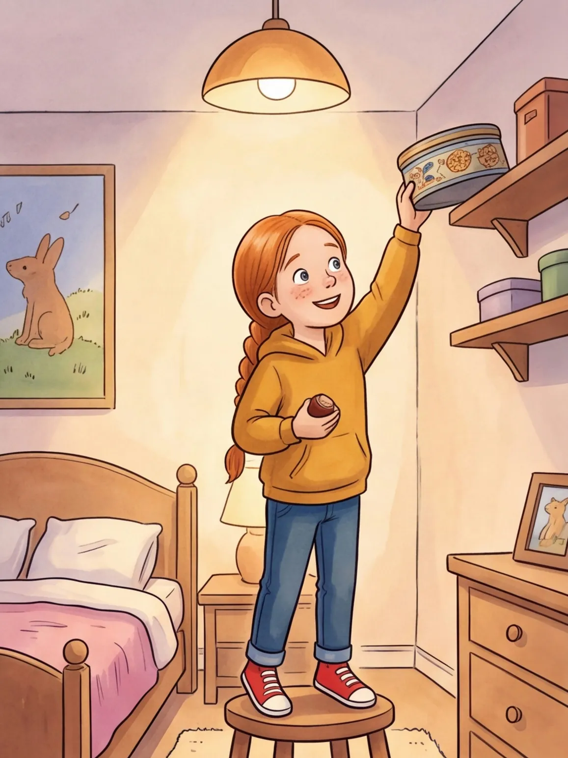 Smilla holt eine alte Keksdose vom Regal, die Kastanie in der anderen Hand