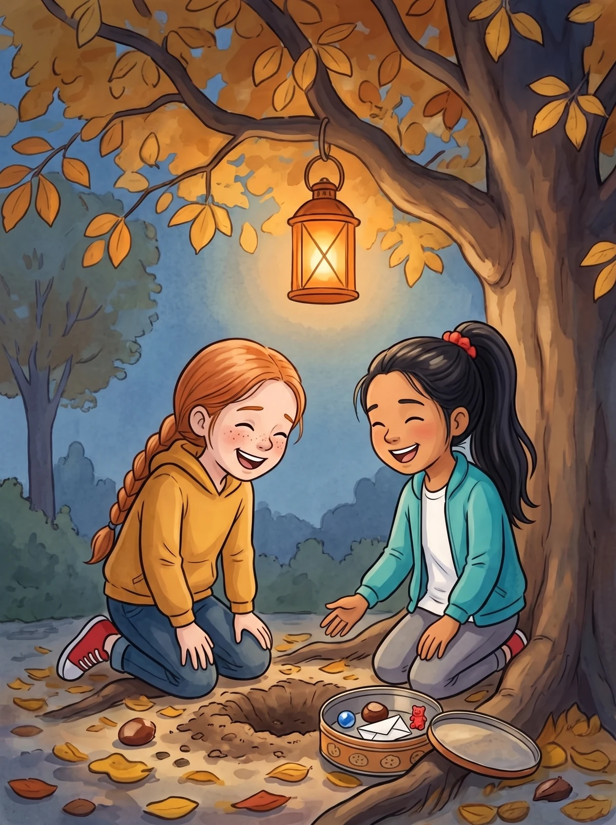 Smilla und Aylin vergraben lachend eine Dose mit Murmel, Kastanie, Briefen und Gummibärchen