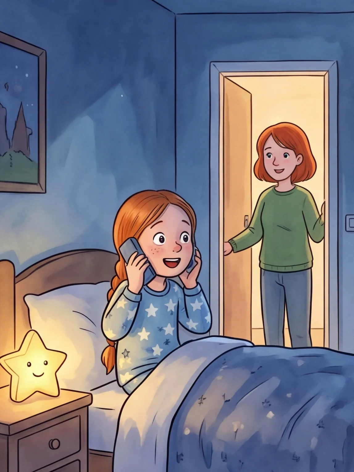 Smilla sitzt im Bett und telefoniert, Mama steht lächelnd in der Tür