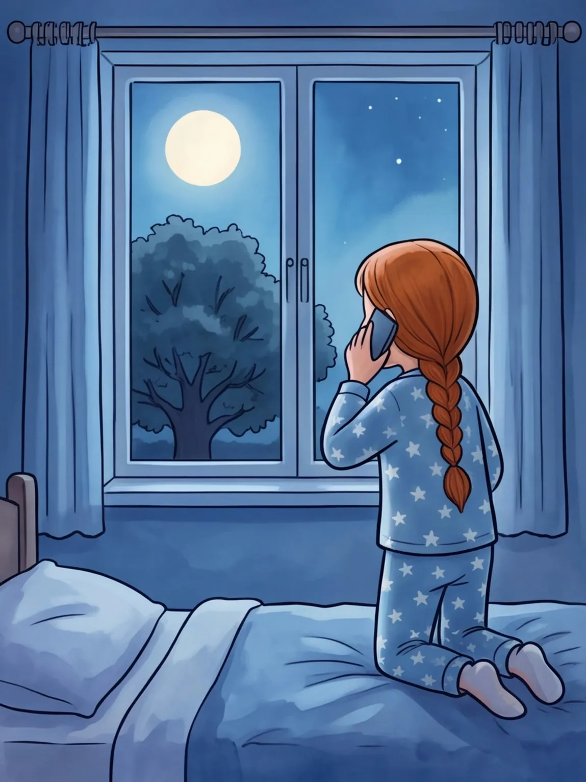 Smilla kniet am Fenster und schaut zum Vollmond über der Kastanie