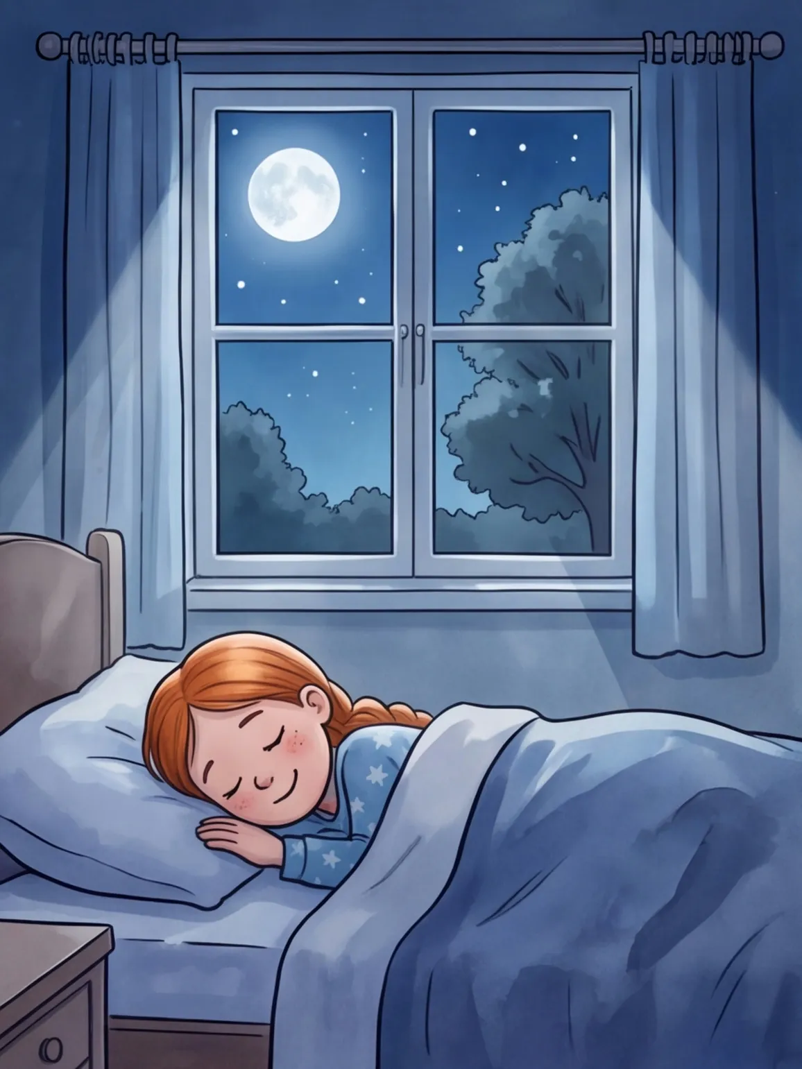 Smilla schläft im Mondlicht, draußen leuchtet der Mond über der Kastanie