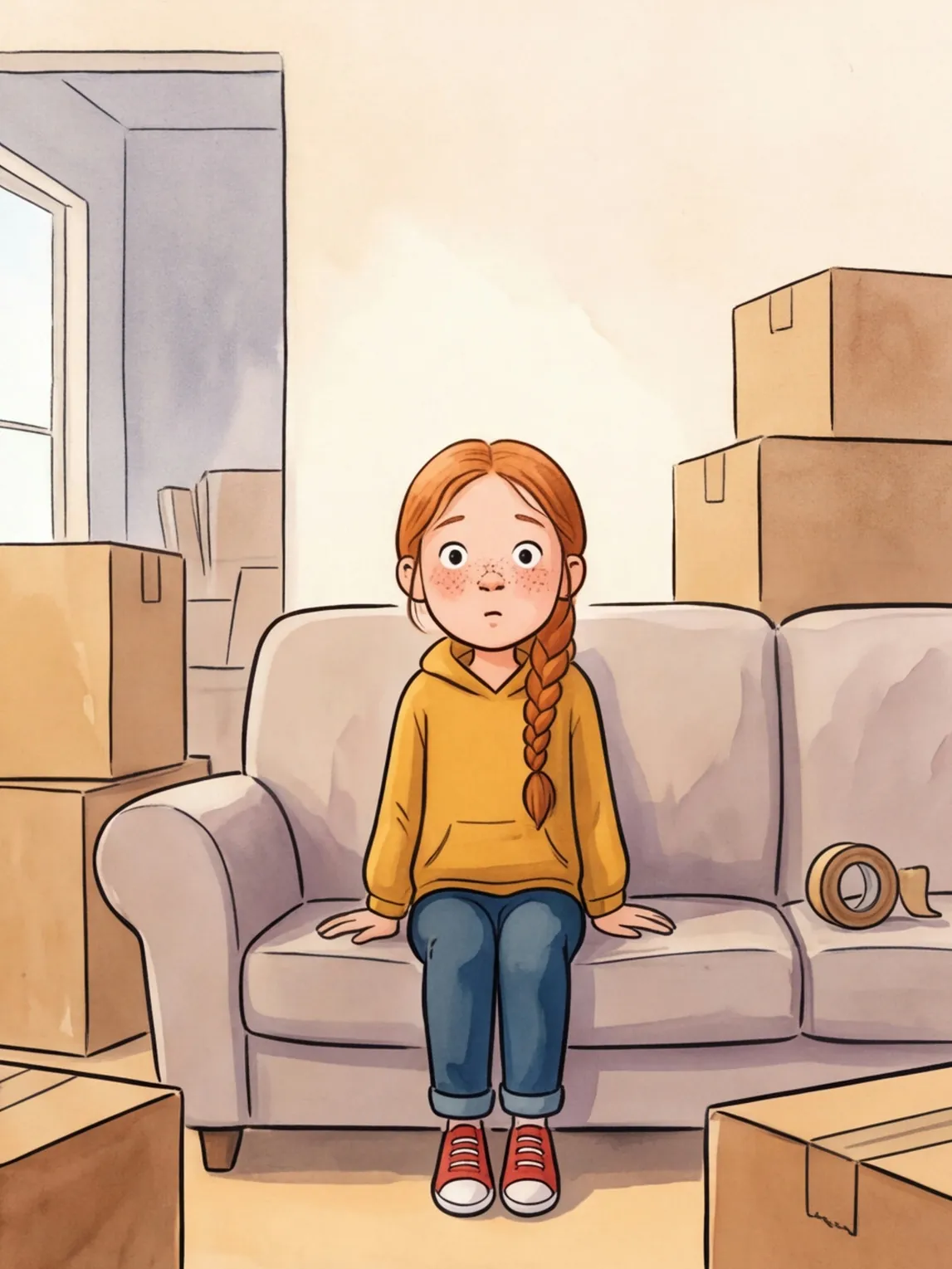 Smilla sitzt mit unschuldigem Gesicht auf dem Sofa zwischen Umzugskartons, dahinter versteckt das Klebeband