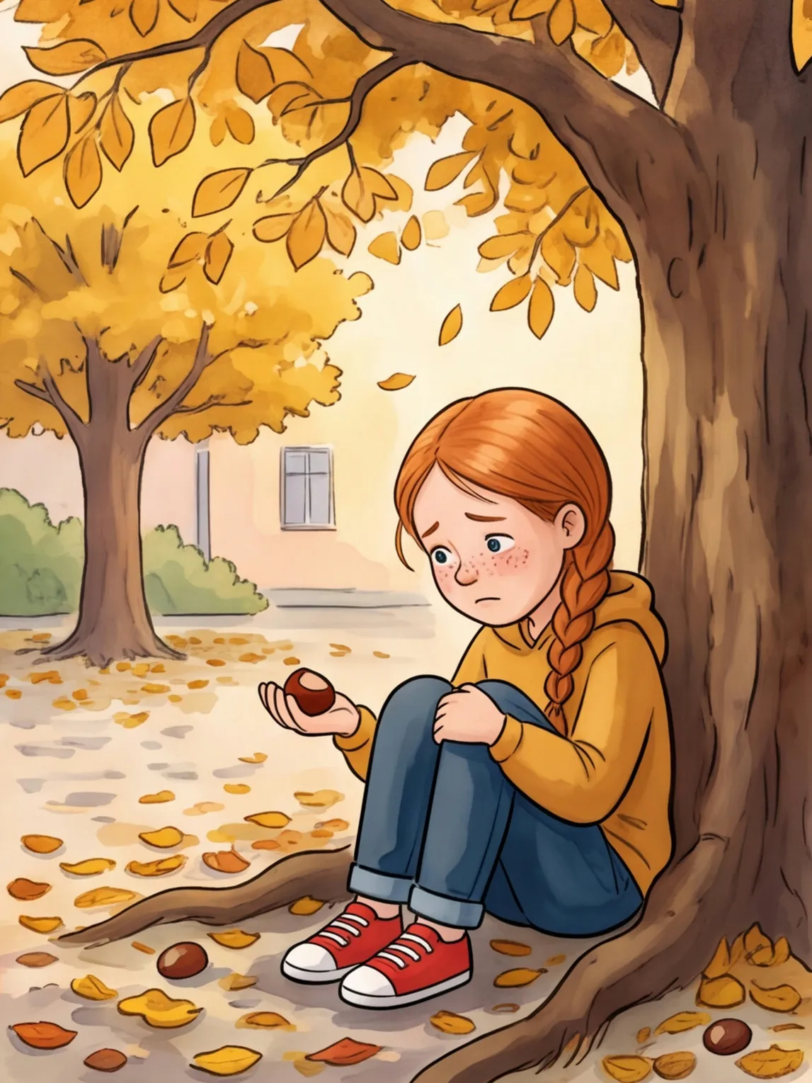 Smilla sitzt allein unter der Kastanie und hält eine glänzende Kastanie in der Hand
