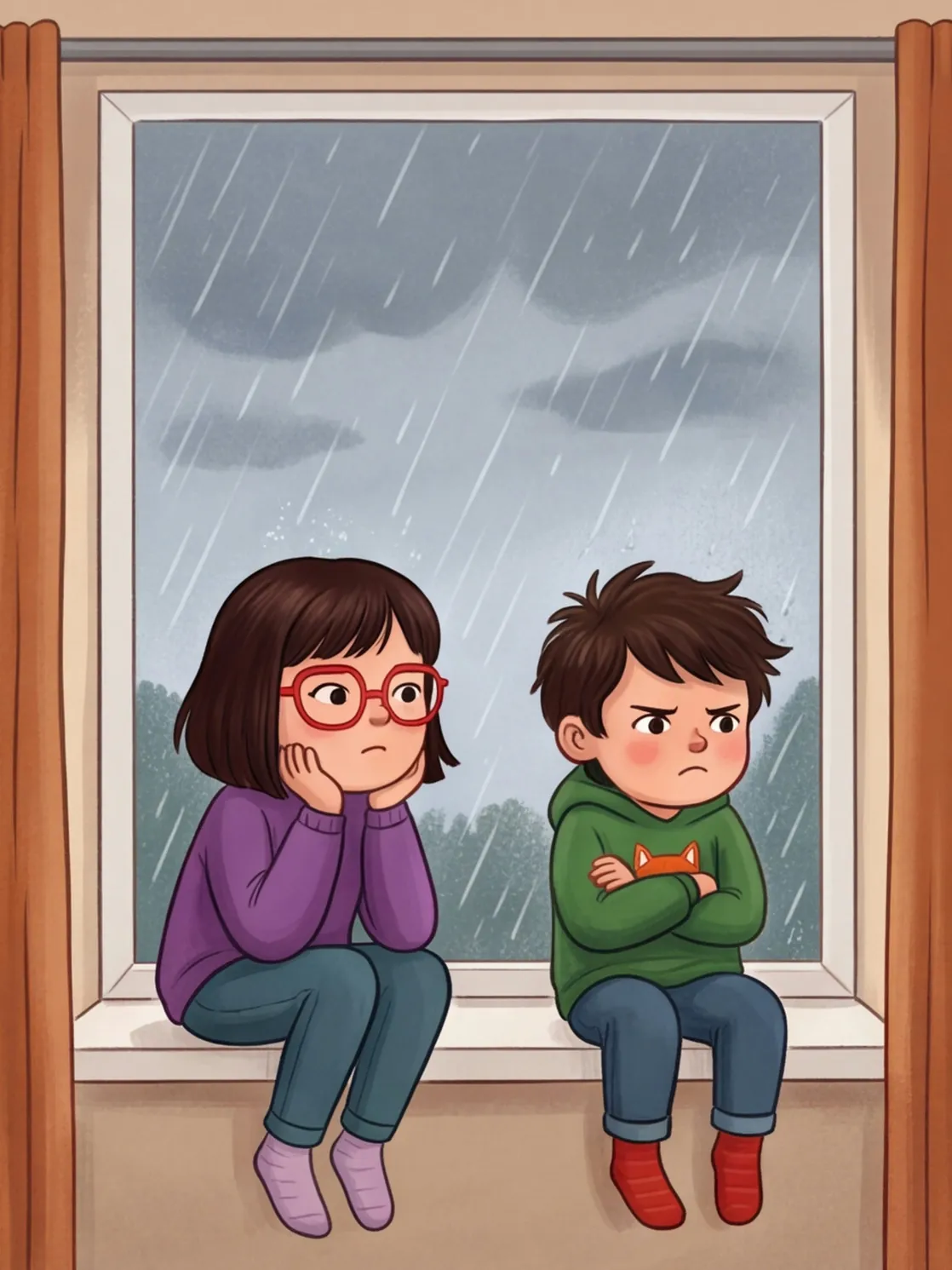 Jakob und Mara schauen vom Fensterbrett missmutig in den grauen Regen