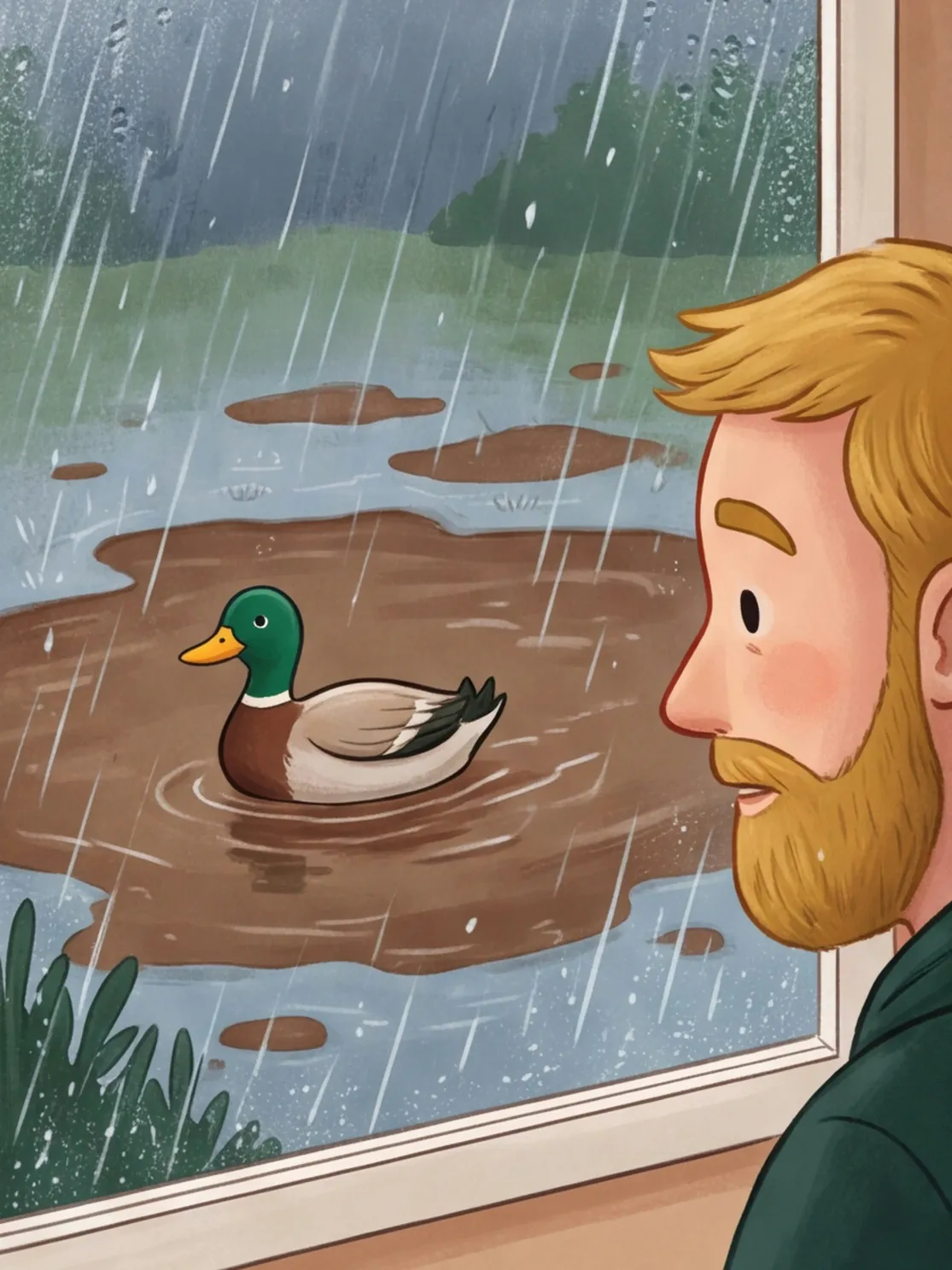 Eine Ente paddelt über die riesige Pfütze vor dem Haus