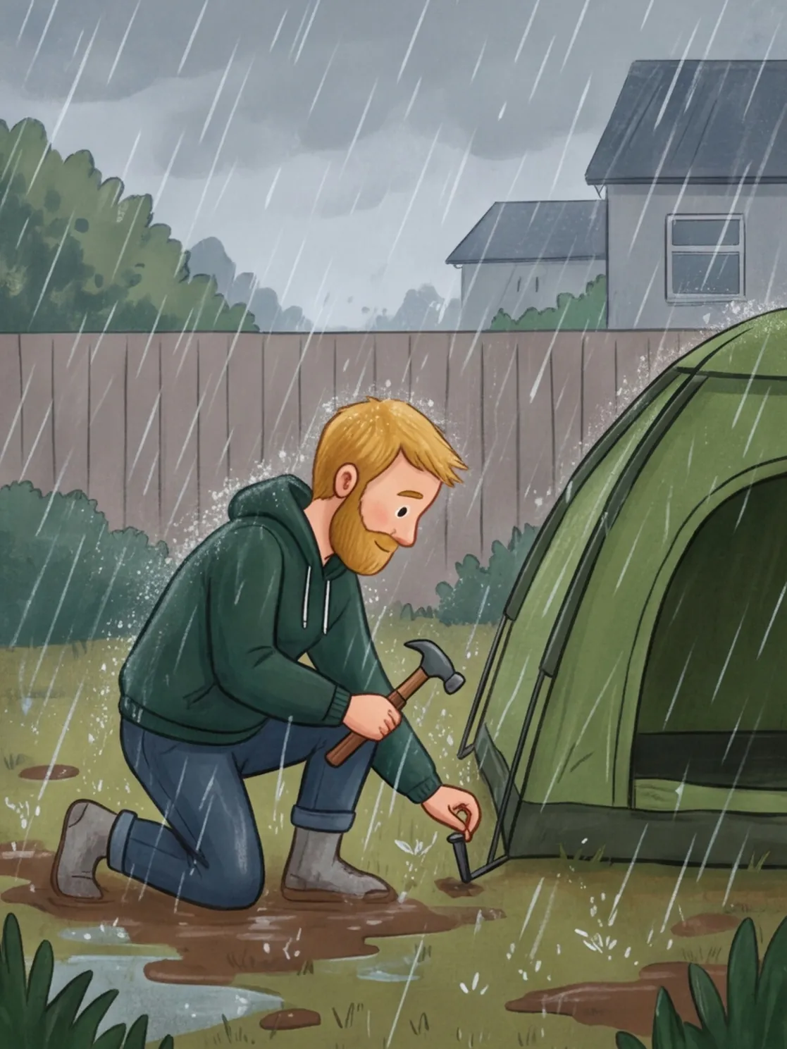 Papa klopft im strömenden Regen Heringe für das Zelt in den Matsch