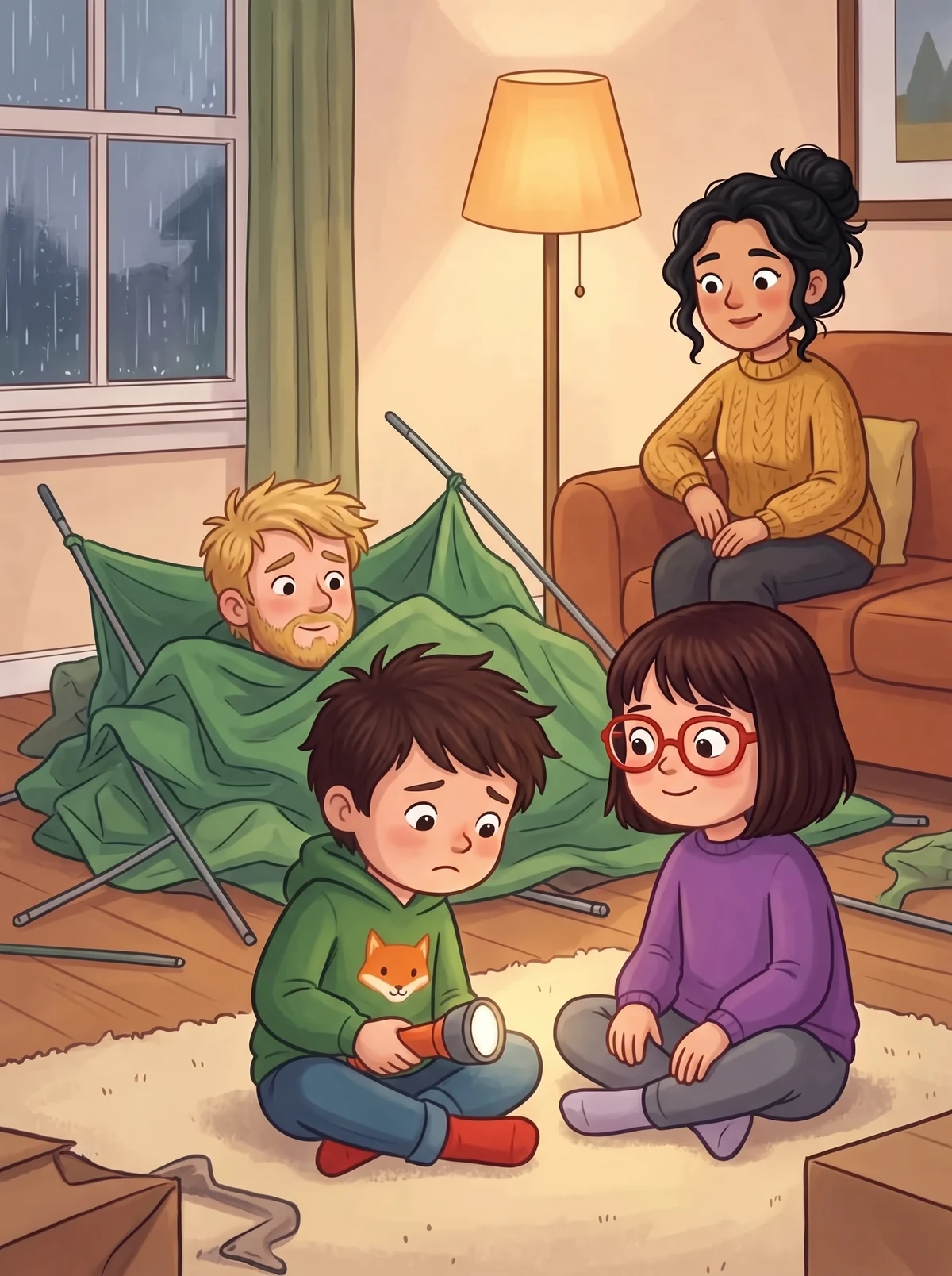 Die Familie sitzt enttäuscht im Wohnzimmer, Jakob hält die Taschenlampe