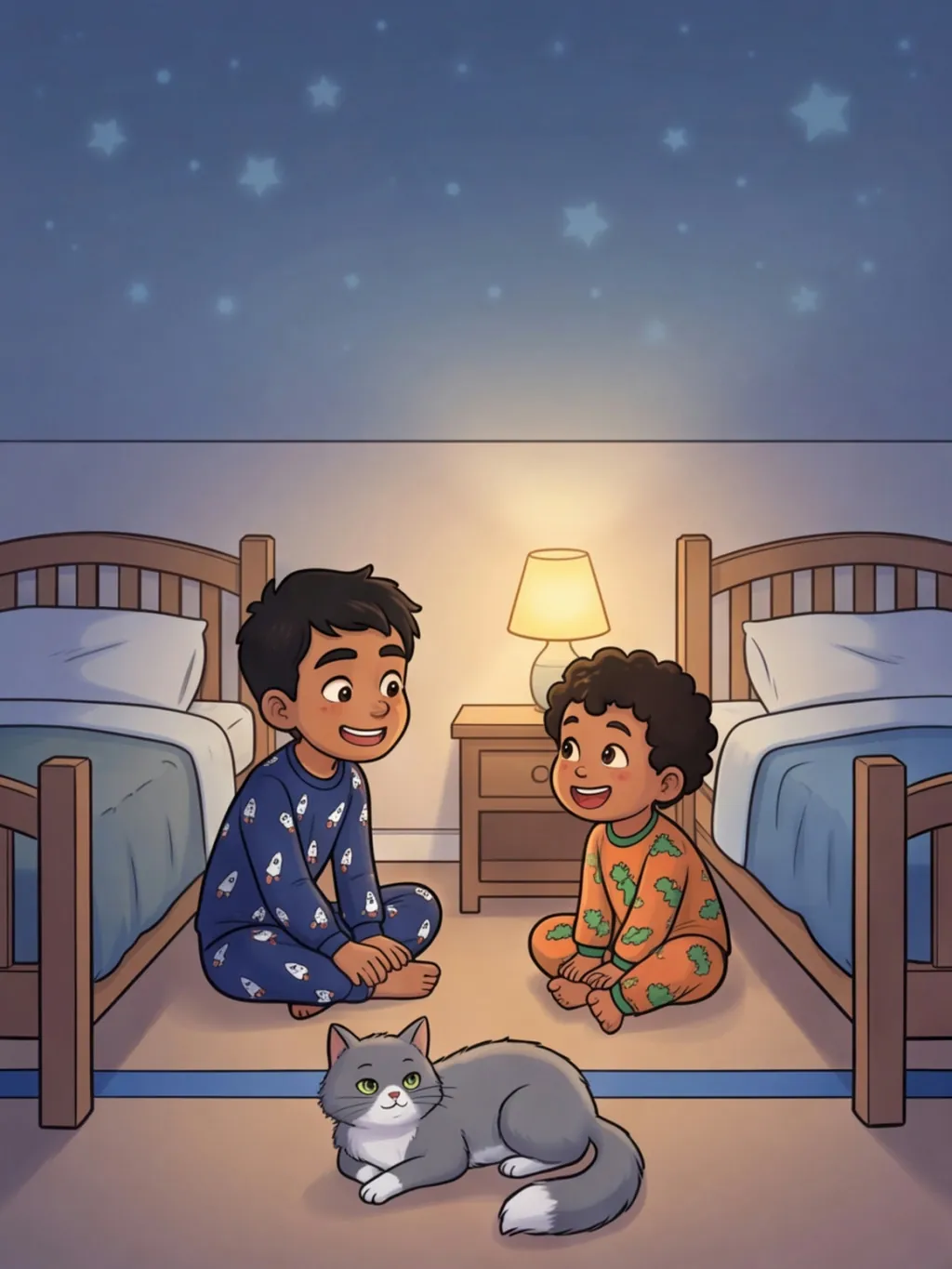 Yusuf und Bilal sitzen grinsend zu beiden Seiten eines blauen Klebestreifens, Kater Simsim liegt quer darüber